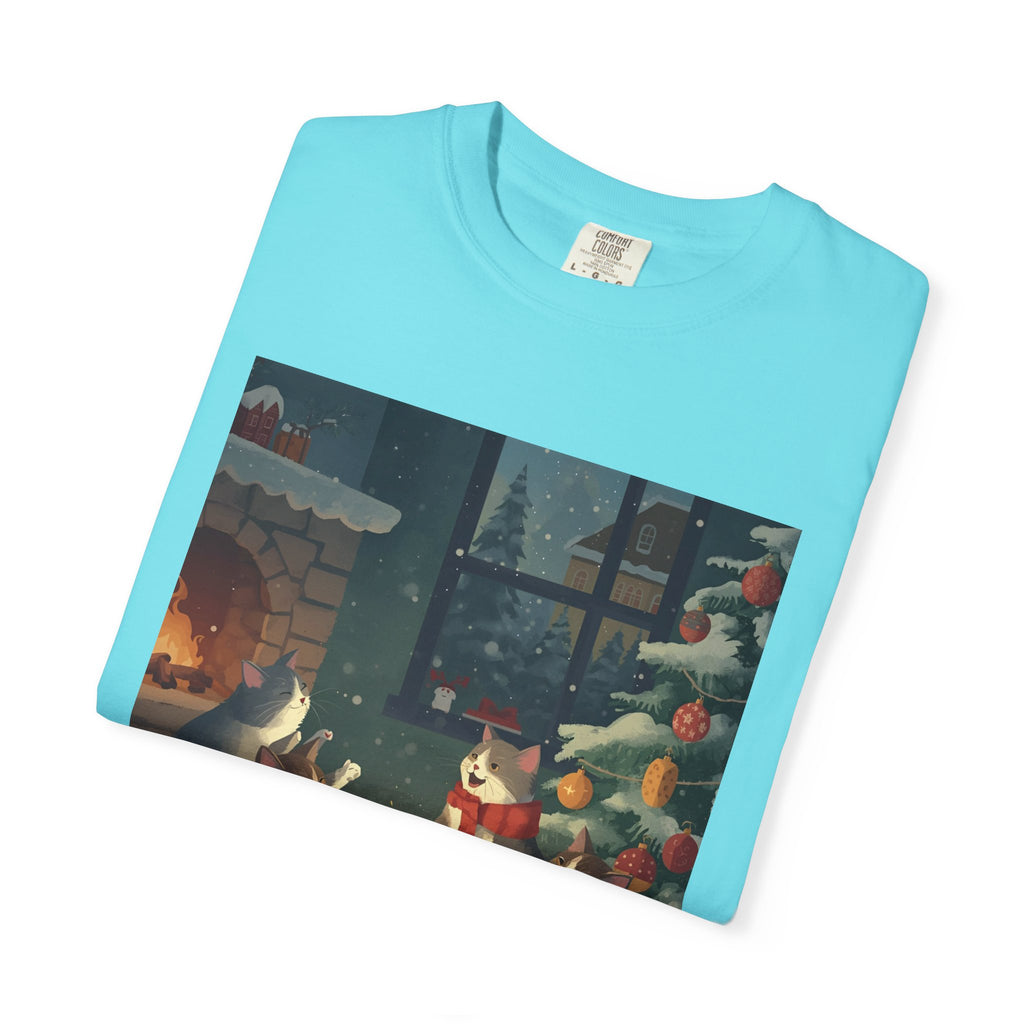 Cozy Winter Cat T-shirt, Unisex Garment-Dyed Shirt, Holiday Gift, Christmas Apparel, Cat Lover Tee, Festive Casual Wear