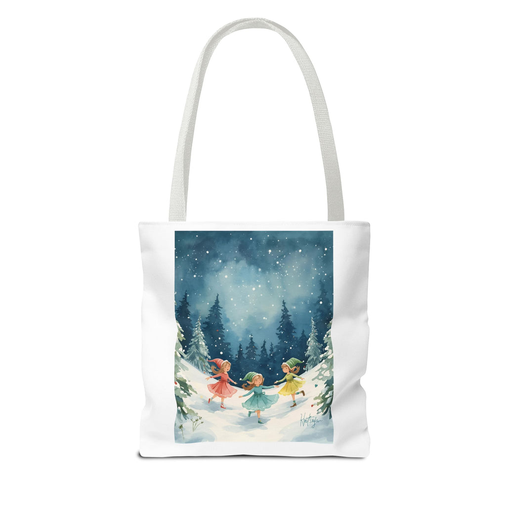 Winter Wonderland Tote Bag, Cute Girls Playing in Snow, AOP Design, Perfect for Gifts, Seasonal Bag, Eco-Friendly Shopping