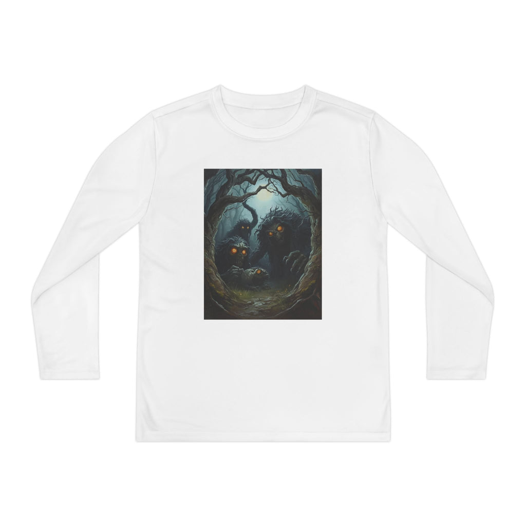 Spooky Forest Creatures Youth Long Sleeve Tee with Enchanted Forest Design, Comfortable Unisex T-Shirt for All Seasons, Perfect for Halloween and Nature Lovers