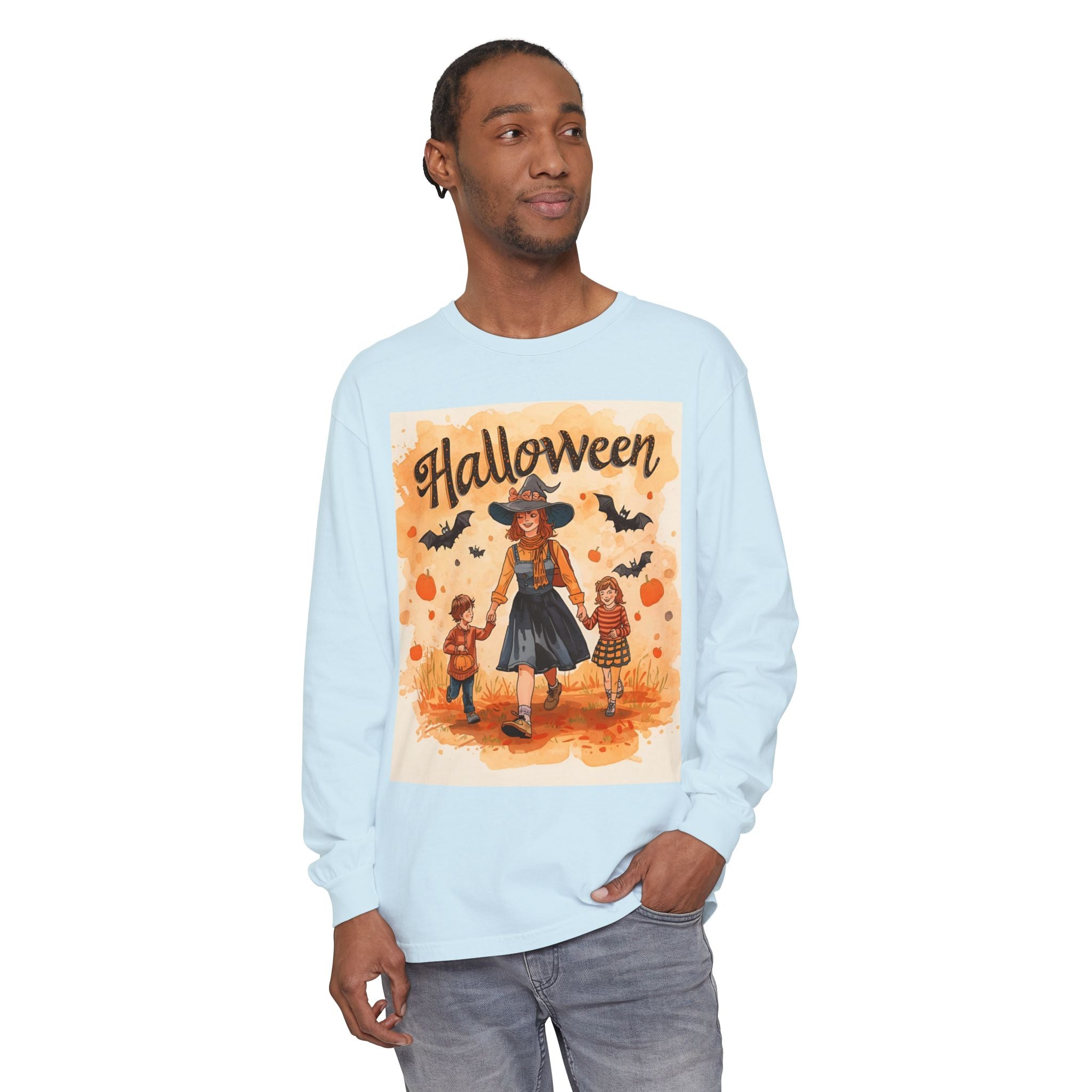 Halloween Themed Mom And Children Unisex Garment-dyed Long Sleeve T-Shirt