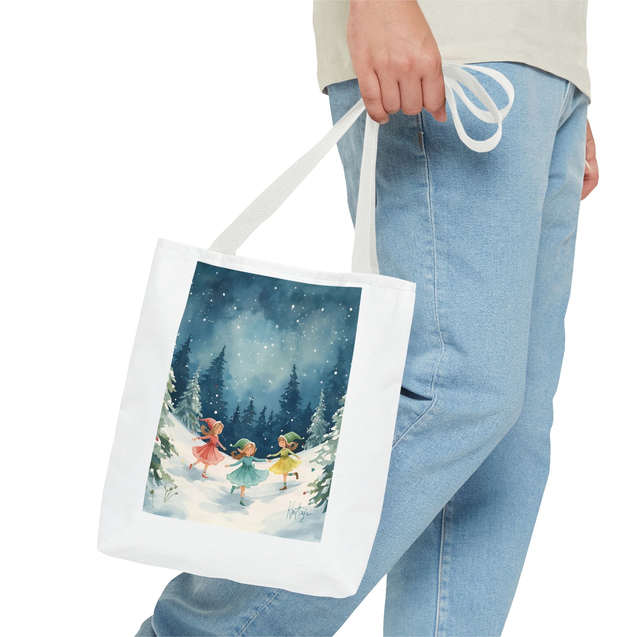 Winter Wonderland Tote Bag, Cute Girls Playing in Snow, AOP Design, Perfect for Gifts, Seasonal Bag, Eco-Friendly Shopping