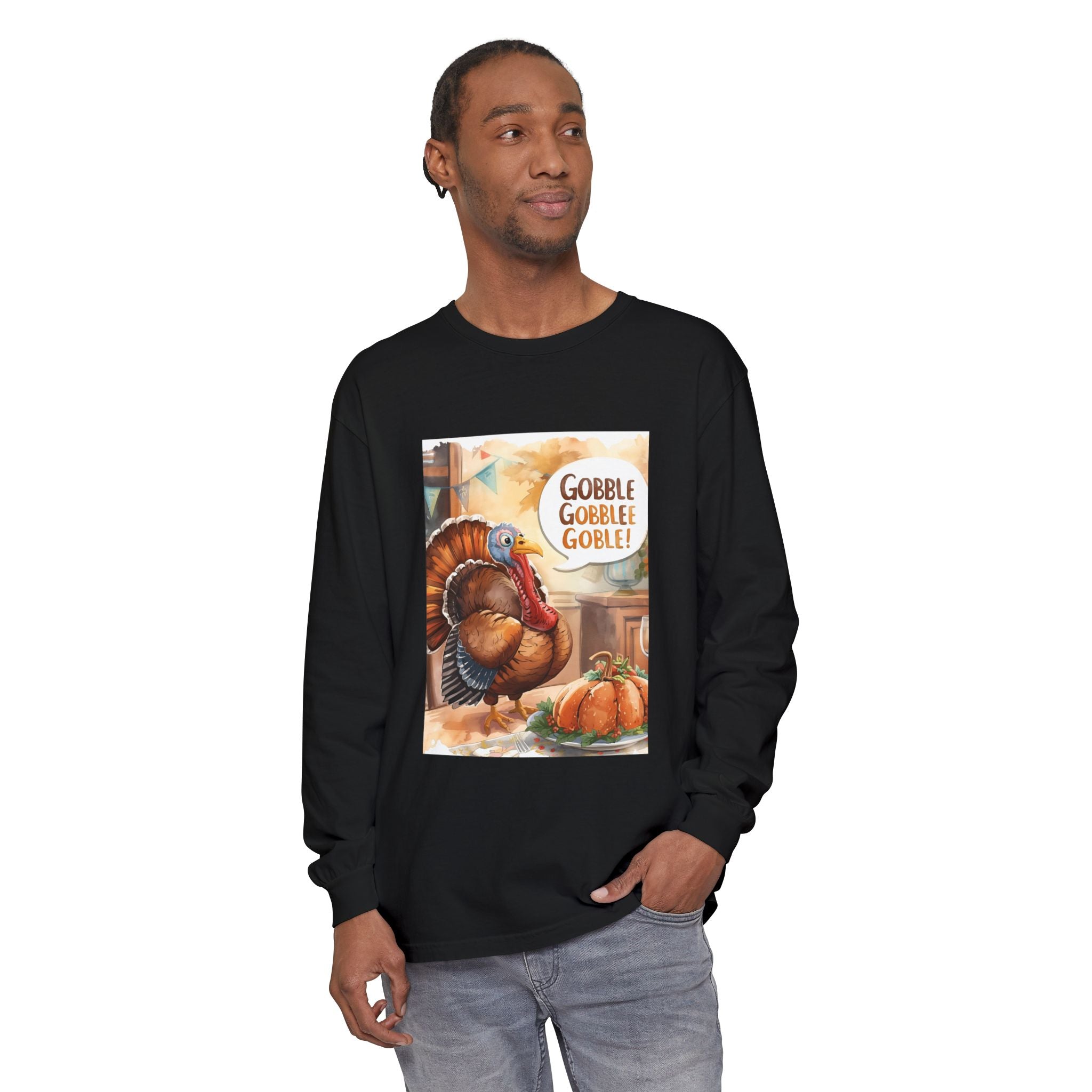 Thanksgiving Long Sleeve T-Shirt with Turkey Design, Fall Apparel, Holiday Gift, Family Gathering Shirt, Gobble Gobble Tee