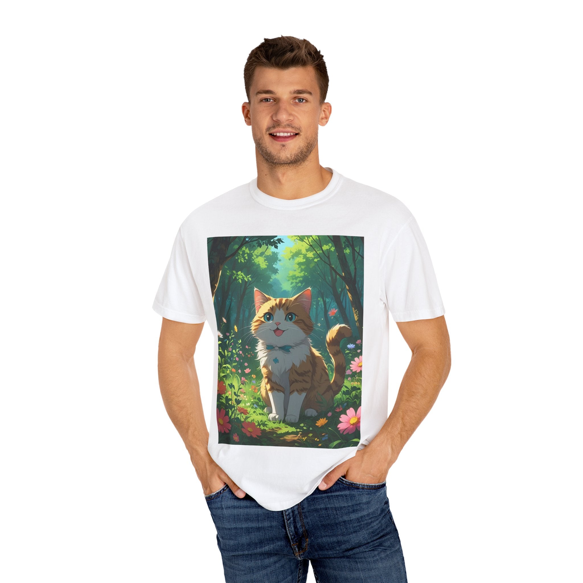 Whimsical Cat In Forest T-Shirt | Nature Lover Gift, Cute Pet Shirt, Animal Art Tee, Summer Outfit, Eco-Friendly Fashion