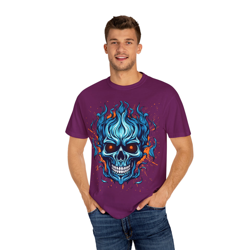 Flaming Skull T-Shirt, Unisex Graphic Tee, Edgy Casual Wear, Halloween Apparel, Gift for Rock Music Fans