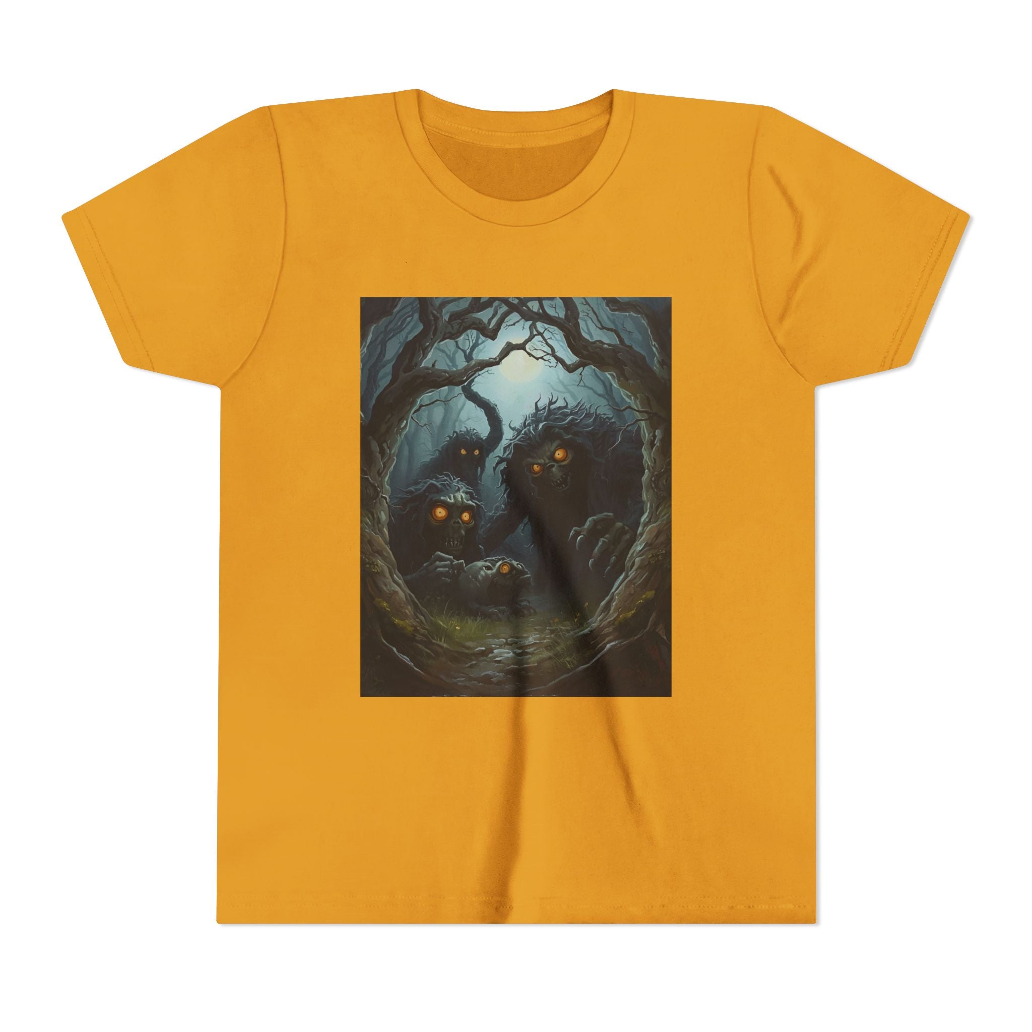 Spooky Mystical Forest Creatures Youth Tee, Cool Graphic T-Shirt, Kids Nature Shirt, Unique Gift for Boys & Girls, Perfect for Halloween