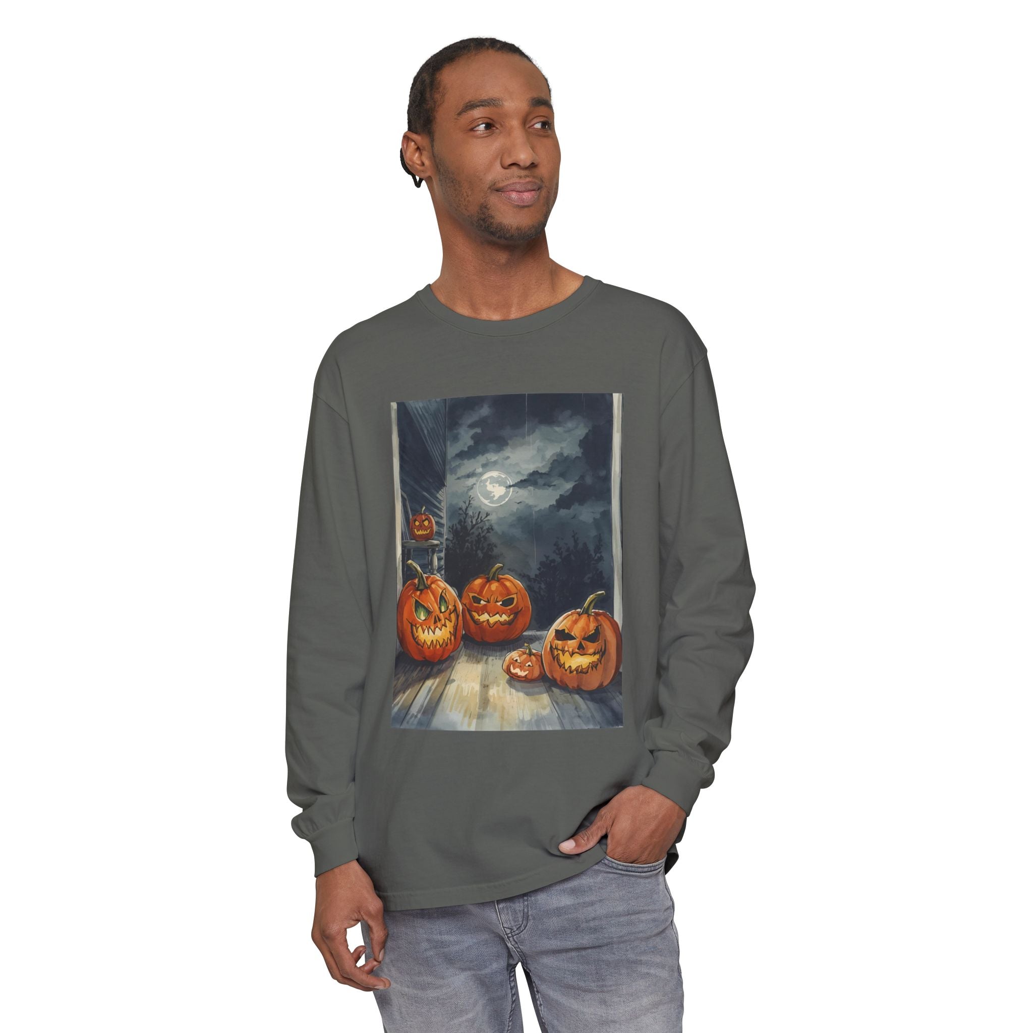 Halloween Pumpkin Scary Unisex Garment-dyed Long Sleeve T-Shirt