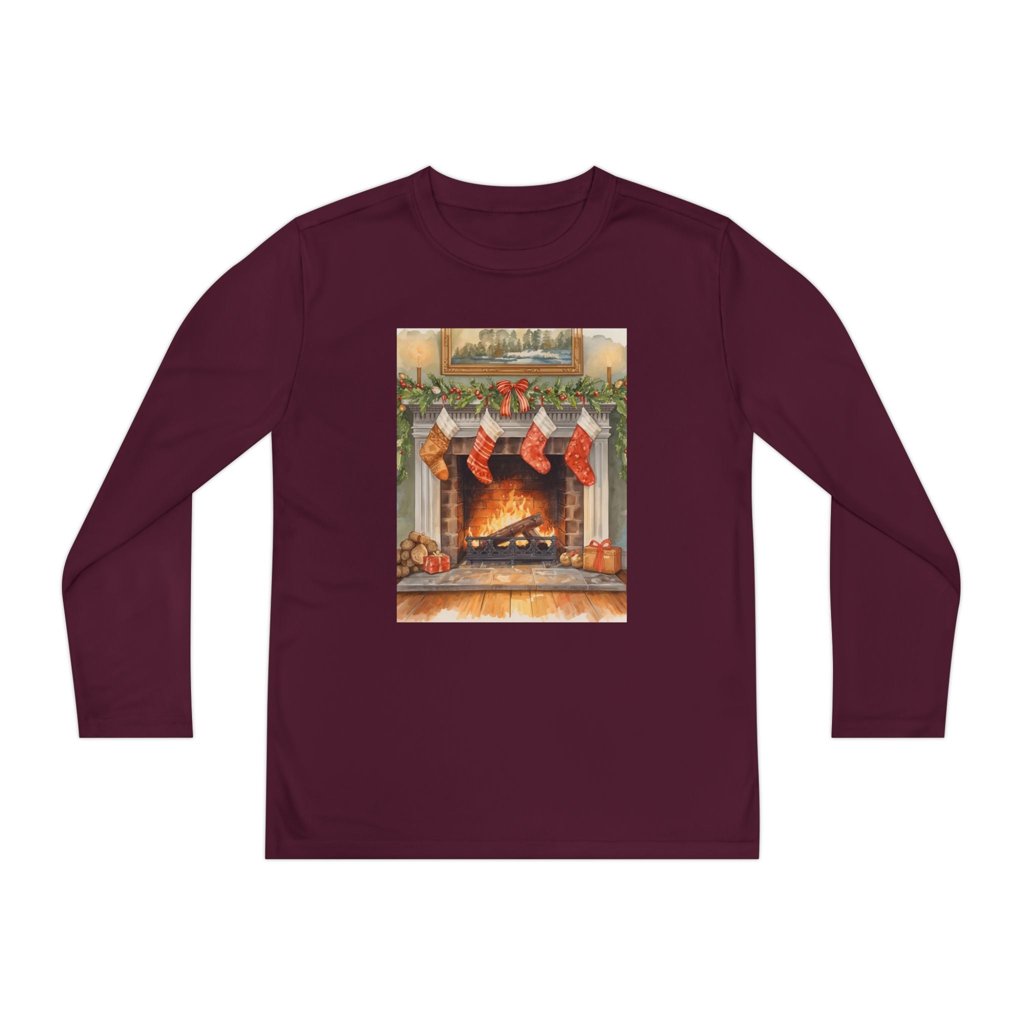 Christmas Stocking Fireplace Youth Long Sleeve Competitor Tee