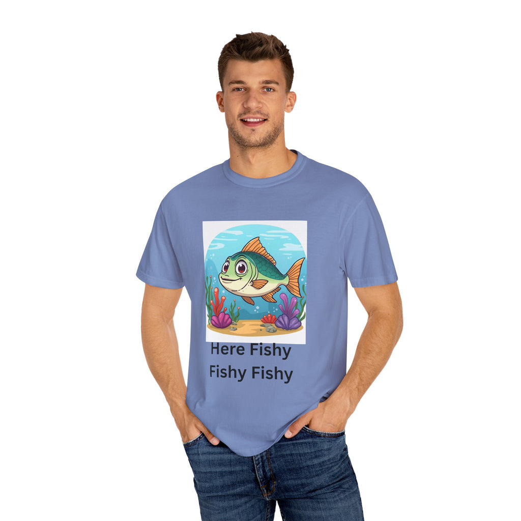 Playful Fish T-Shirt for Nature Lovers, Here Fishy Fishy Fishy Tee, Unisex Casual Wear, Perfect for Birthdays, Summer Fun, Beach Outings