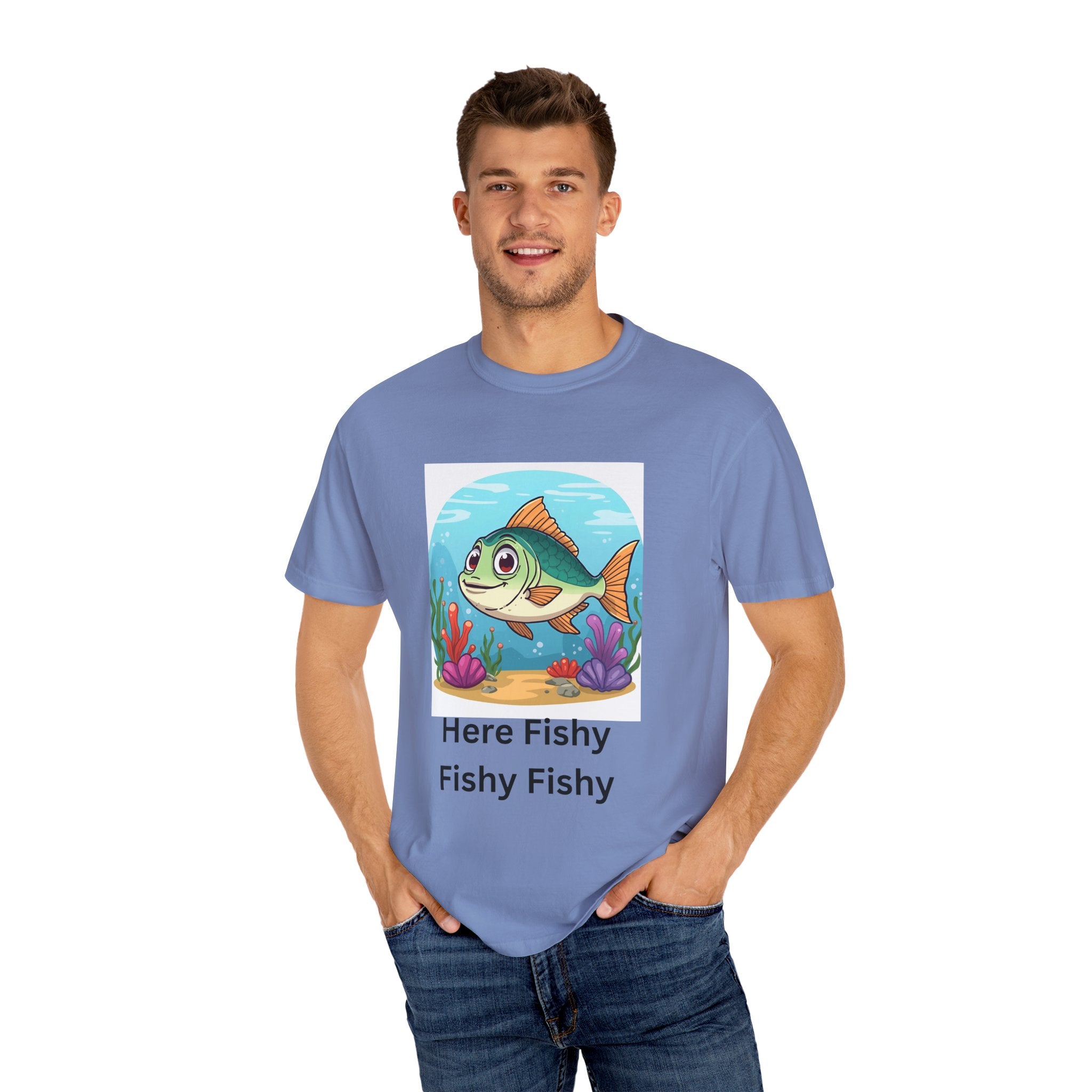 Playful Fish T-Shirt for Nature Lovers, Here Fishy Fishy Fishy Tee, Unisex Casual Wear, Perfect for Birthdays, Summer Fun, Beach Outings