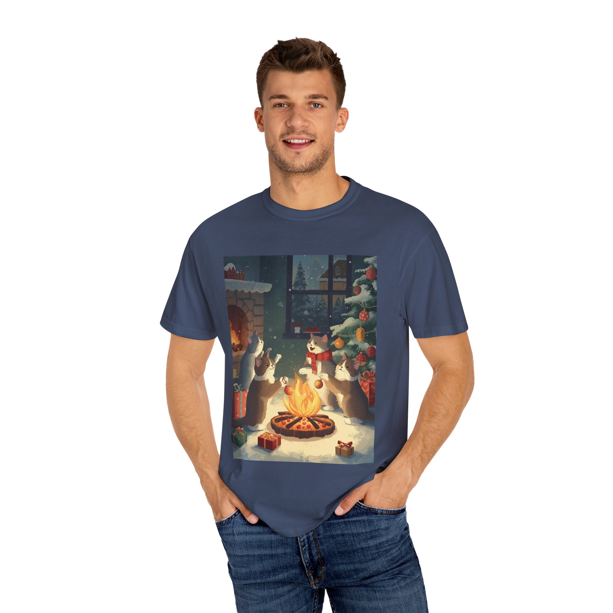 Cozy Cat Campfire T-shirt, Unisex Garment-Dyed Tee, Holiday Gift, Cat Lover Gift, Cute Winter T-shirt, Cozy Nightwear, Christmas Shirt