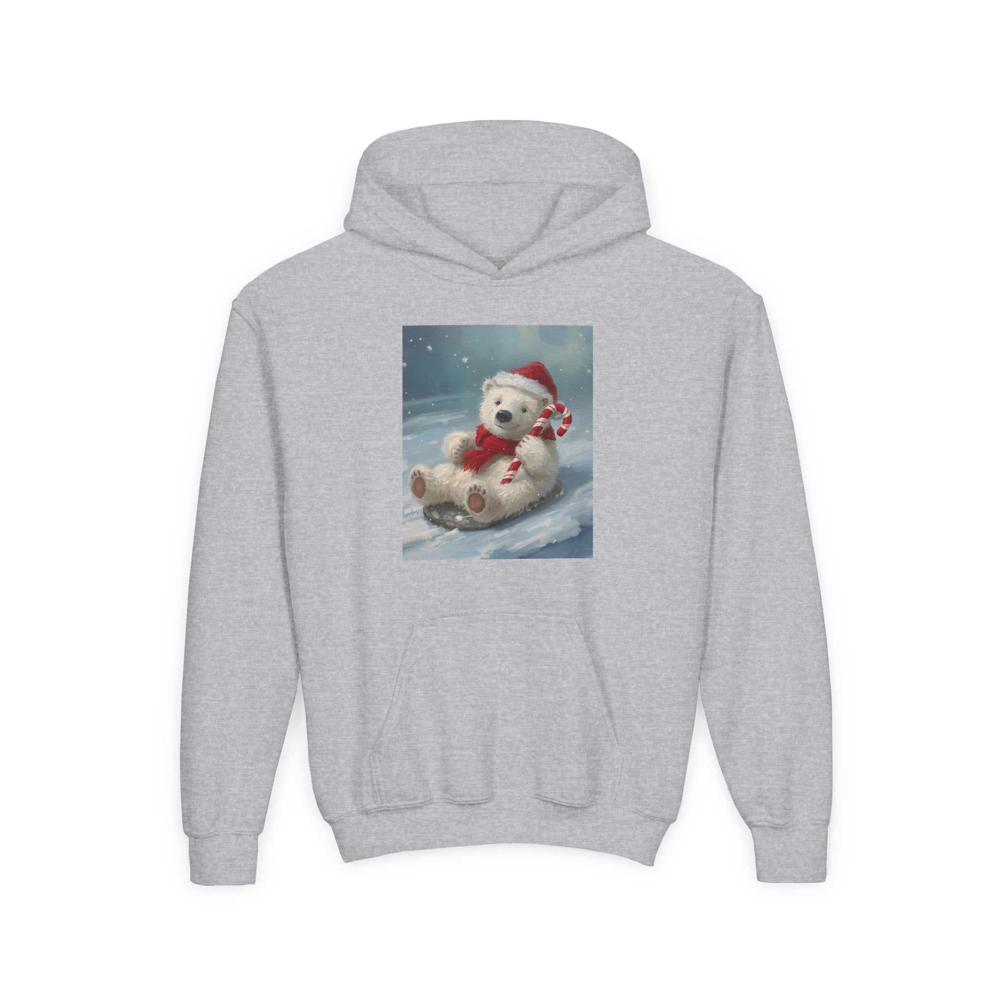 Cozy Christmas Bear Youth Hooded Sweatshirt, Winter Hoodie, Holiday Gift, Cute Sweatshirt for Kids, Festive Apparel