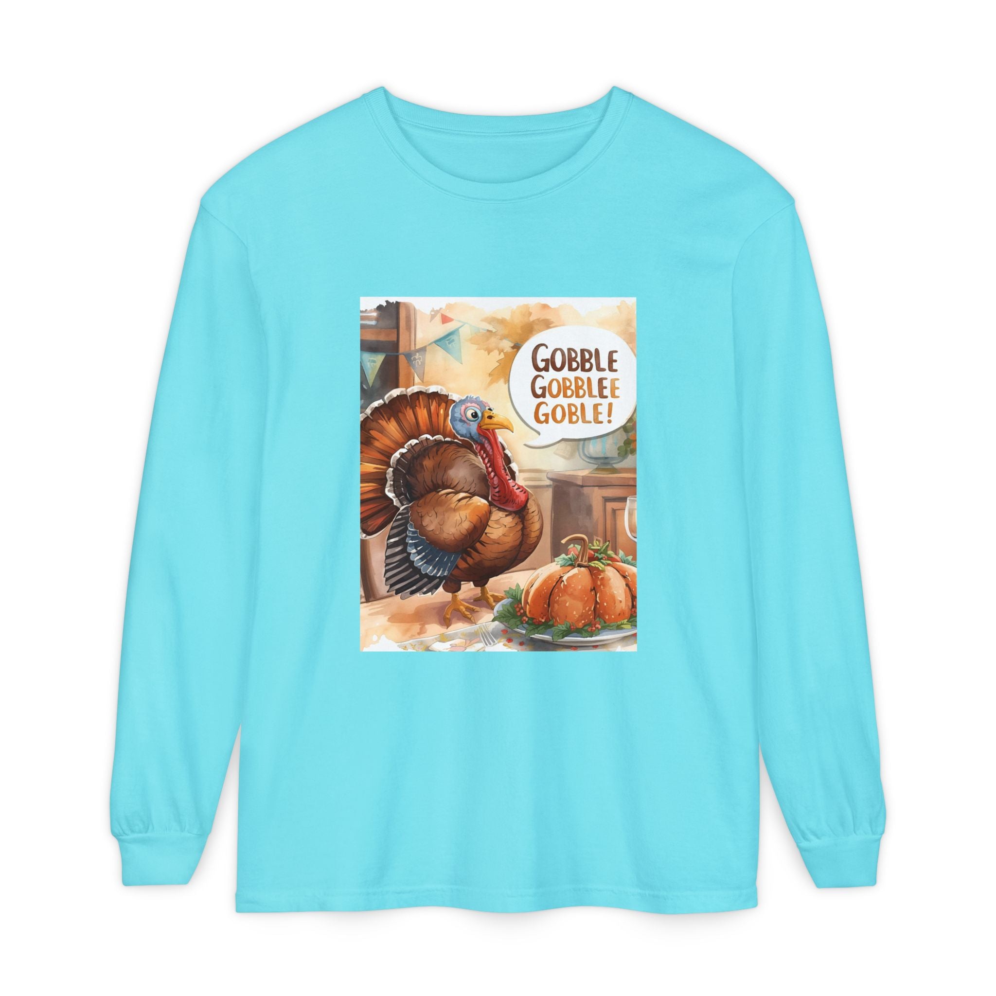 Thanksgiving Long Sleeve T-Shirt with Turkey Design, Fall Apparel, Holiday Gift, Family Gathering Shirt, Gobble Gobble Tee