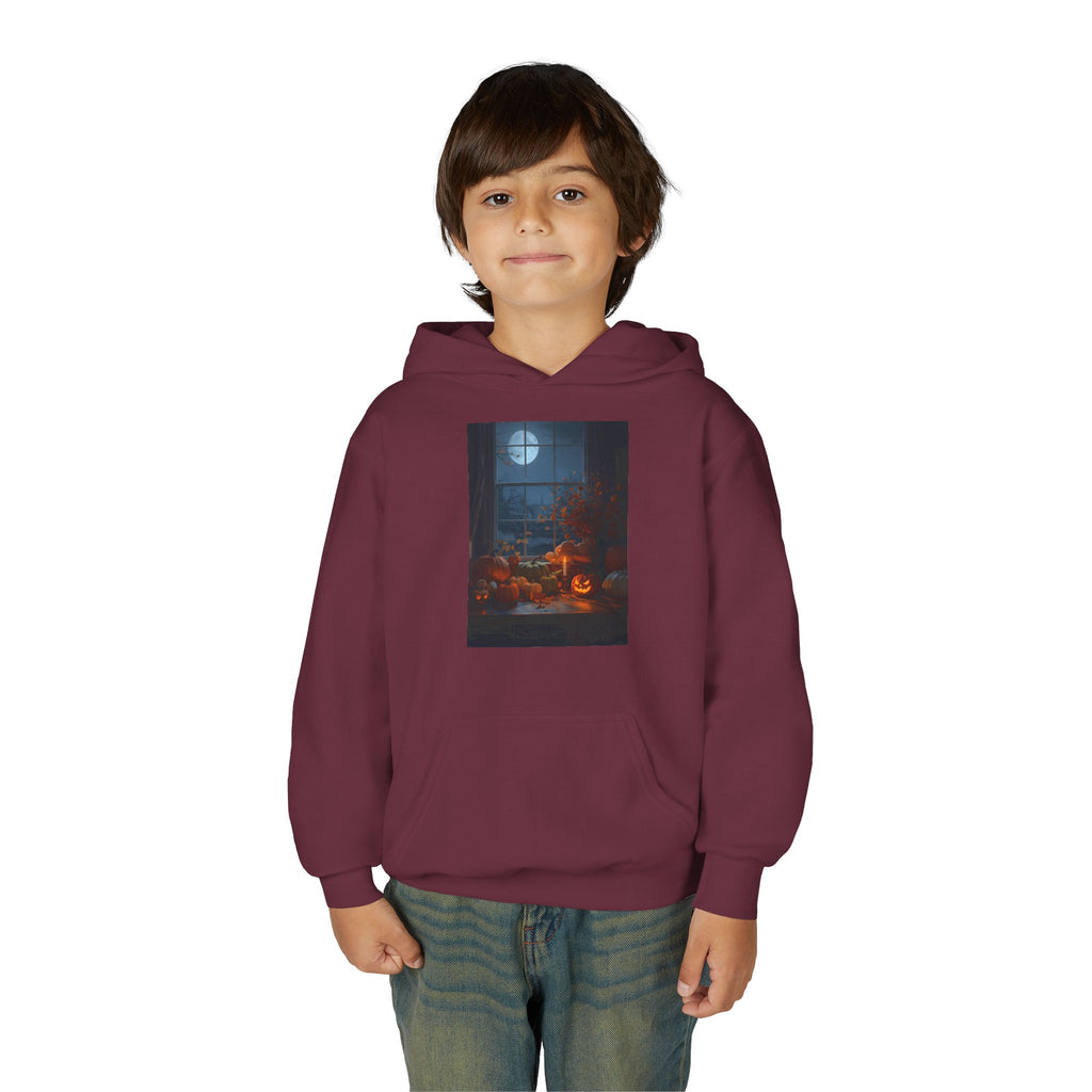 Halloween Pumpkin Youth Hoodie, Cozy Sweatshirt for Kids, Autumn & Halloween Apparel, Spooky Themed Hoodie, Fun Gift for Boys & Girls