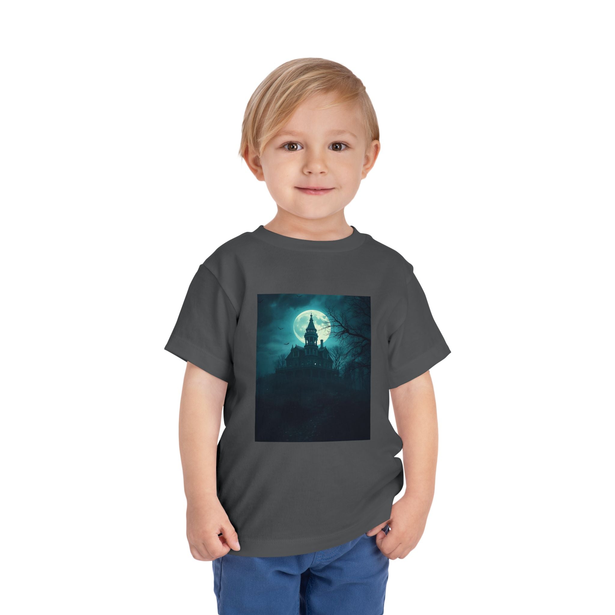 Haunted Moonlight Toddler Halloween Short Sleeve Tee, Ghostly Castle Shirt, Spooky Toddler Tee, Kids Halloween Costume Top, Fall Festivity Apparel