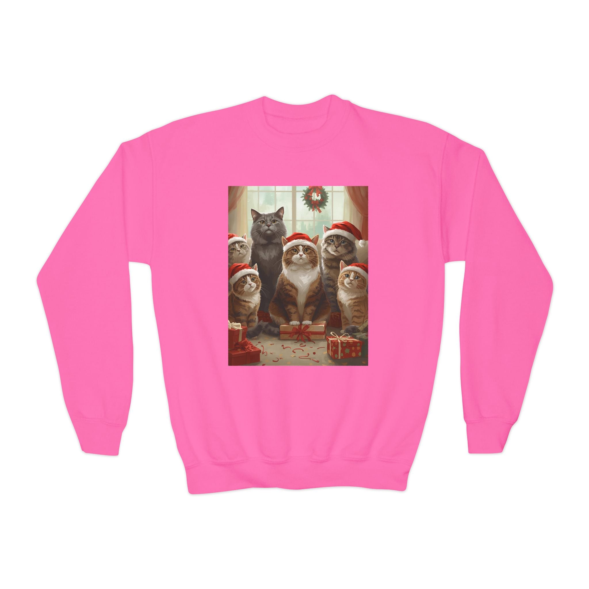 Cute Festive Christmas Cat Youth Crewneck Sweatshirt
