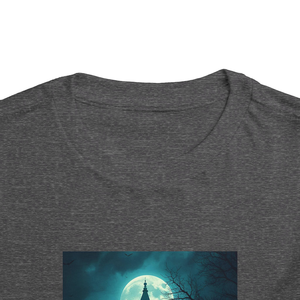 Haunted Moonlight Toddler Halloween Short Sleeve Tee, Ghostly Castle Shirt, Spooky Toddler Tee, Kids Halloween Costume Top, Fall Festivity Apparel
