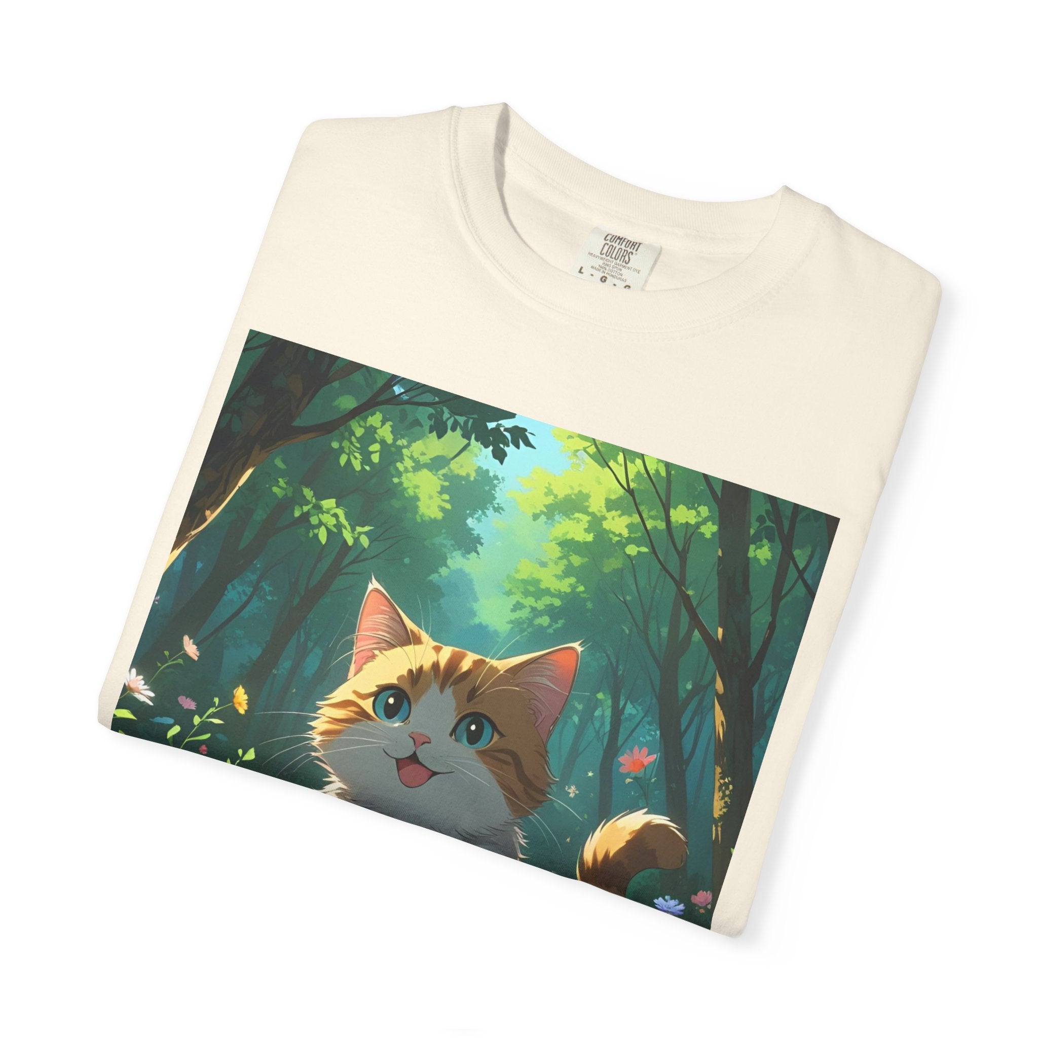 Whimsical Cat In Forest T-Shirt | Nature Lover Gift, Cute Pet Shirt, Animal Art Tee, Summer Outfit, Eco-Friendly Fashion