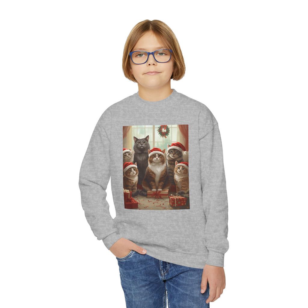 Cute Festive Christmas Cat Youth Crewneck Sweatshirt