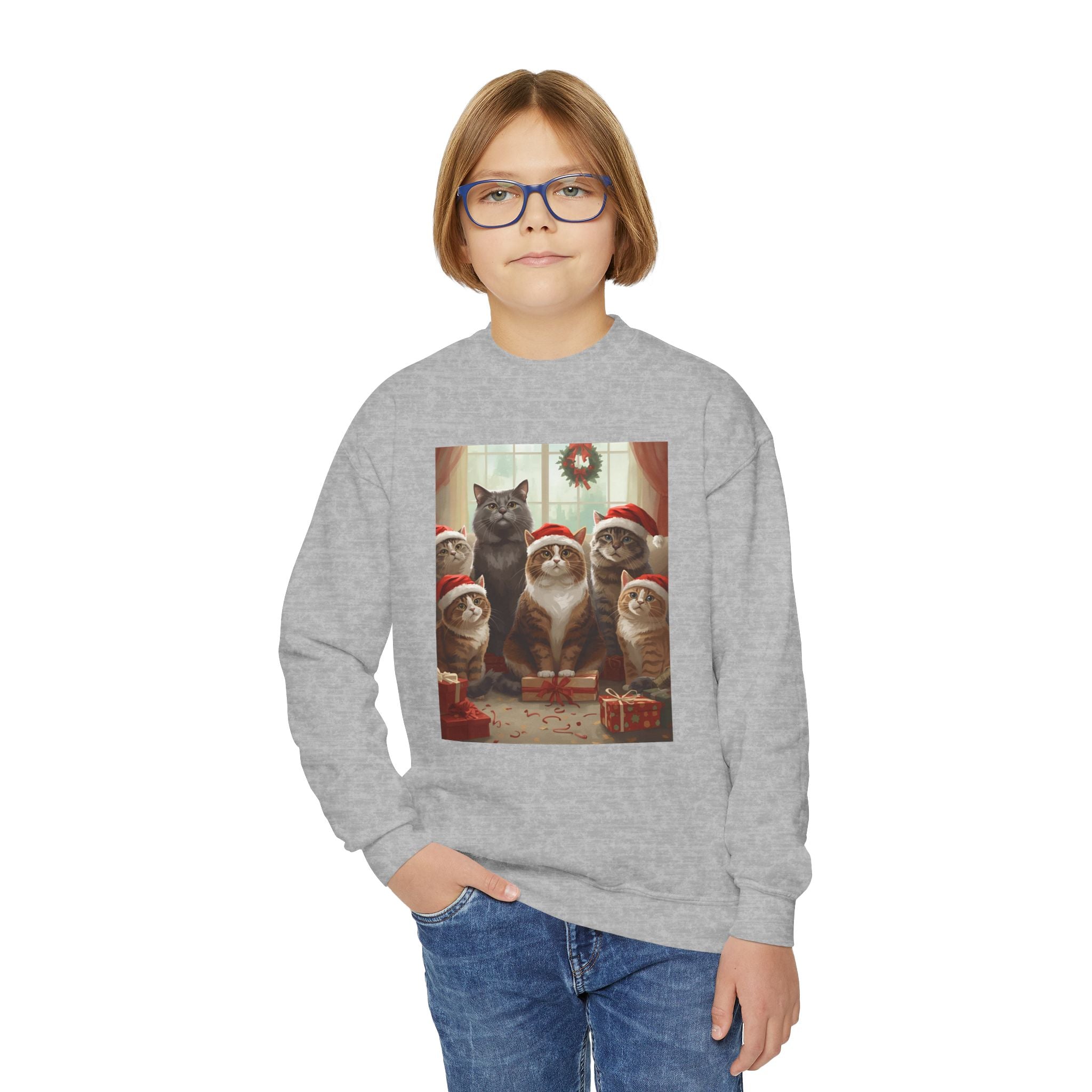 Cute Festive Christmas Cat Youth Crewneck Sweatshirt