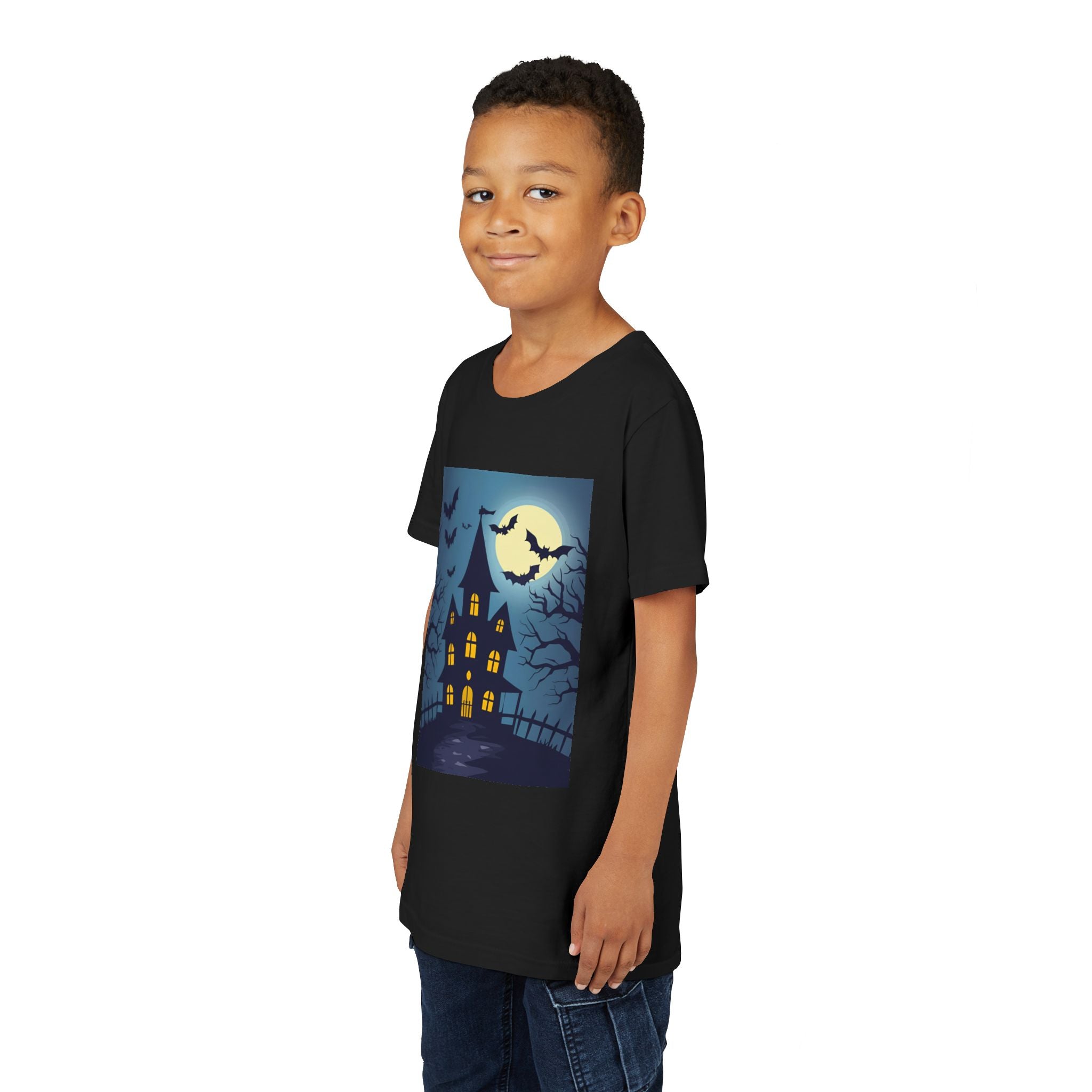 Spooky Halloween Haunted House Youth Tee, Kids Ghost T-Shirt, Haunted House Apparel, Bat Design Shirt, Trick or Treat Clothing