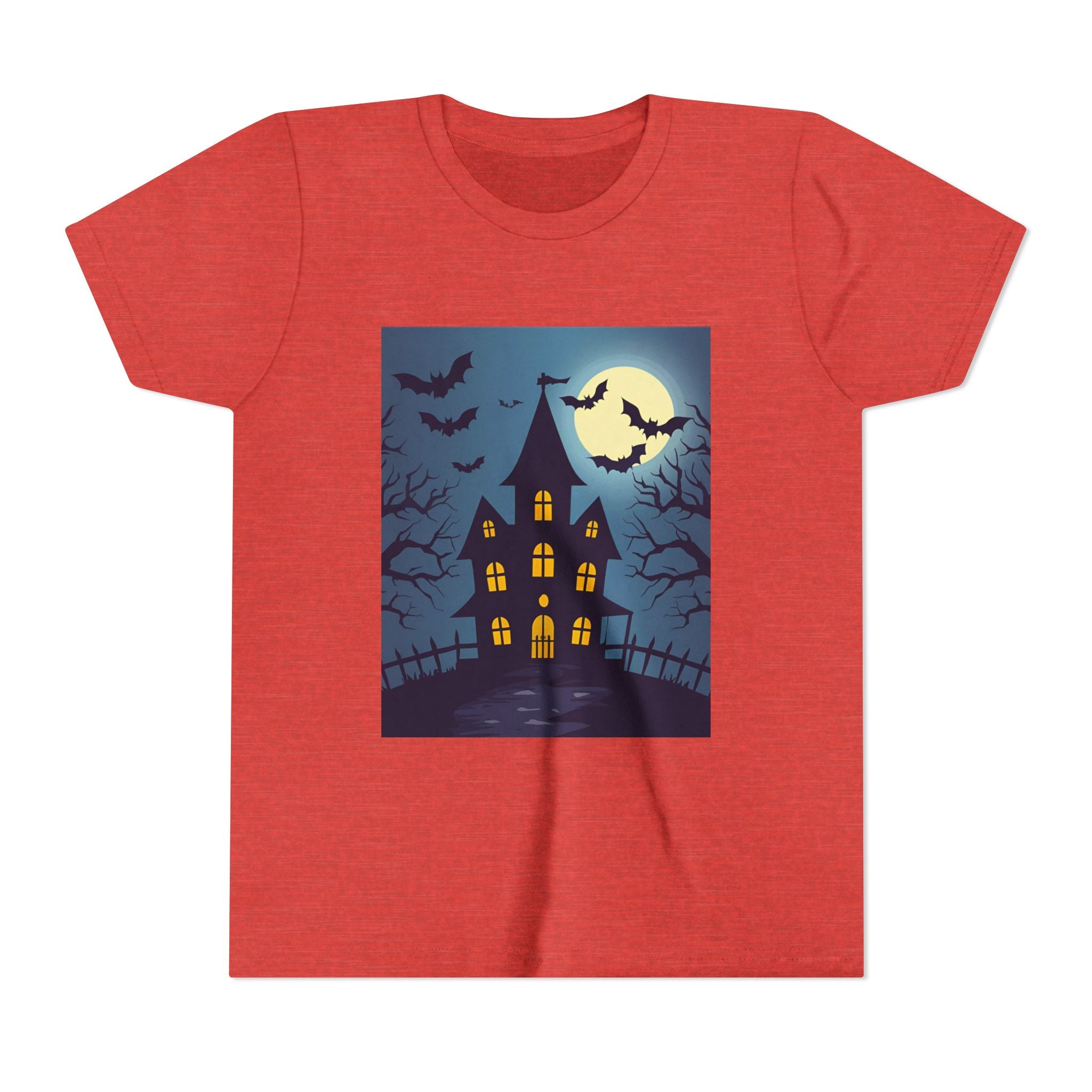 Spooky Halloween Haunted House Youth Tee, Kids Ghost T-Shirt, Haunted House Apparel, Bat Design Shirt, Trick or Treat Clothing