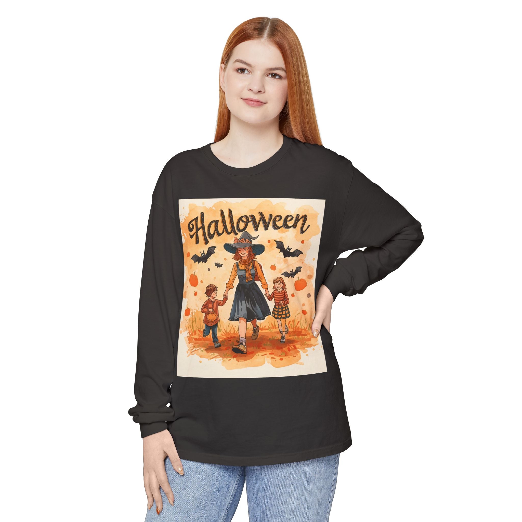 Halloween Themed Mom And Children Unisex Garment-dyed Long Sleeve T-Shirt