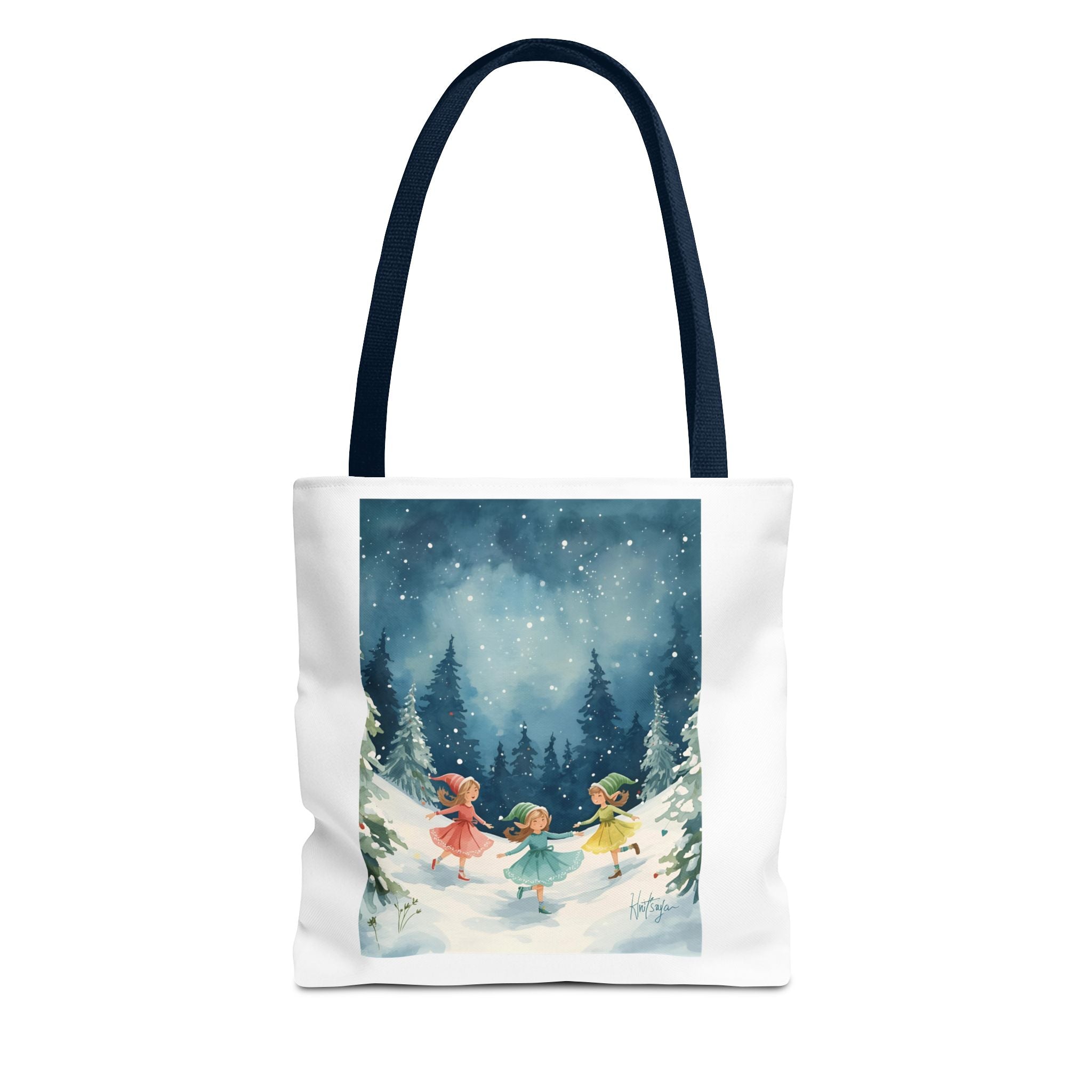 Winter Wonderland Tote Bag, Cute Girls Playing in Snow, AOP Design, Perfect for Gifts, Seasonal Bag, Eco-Friendly Shopping
