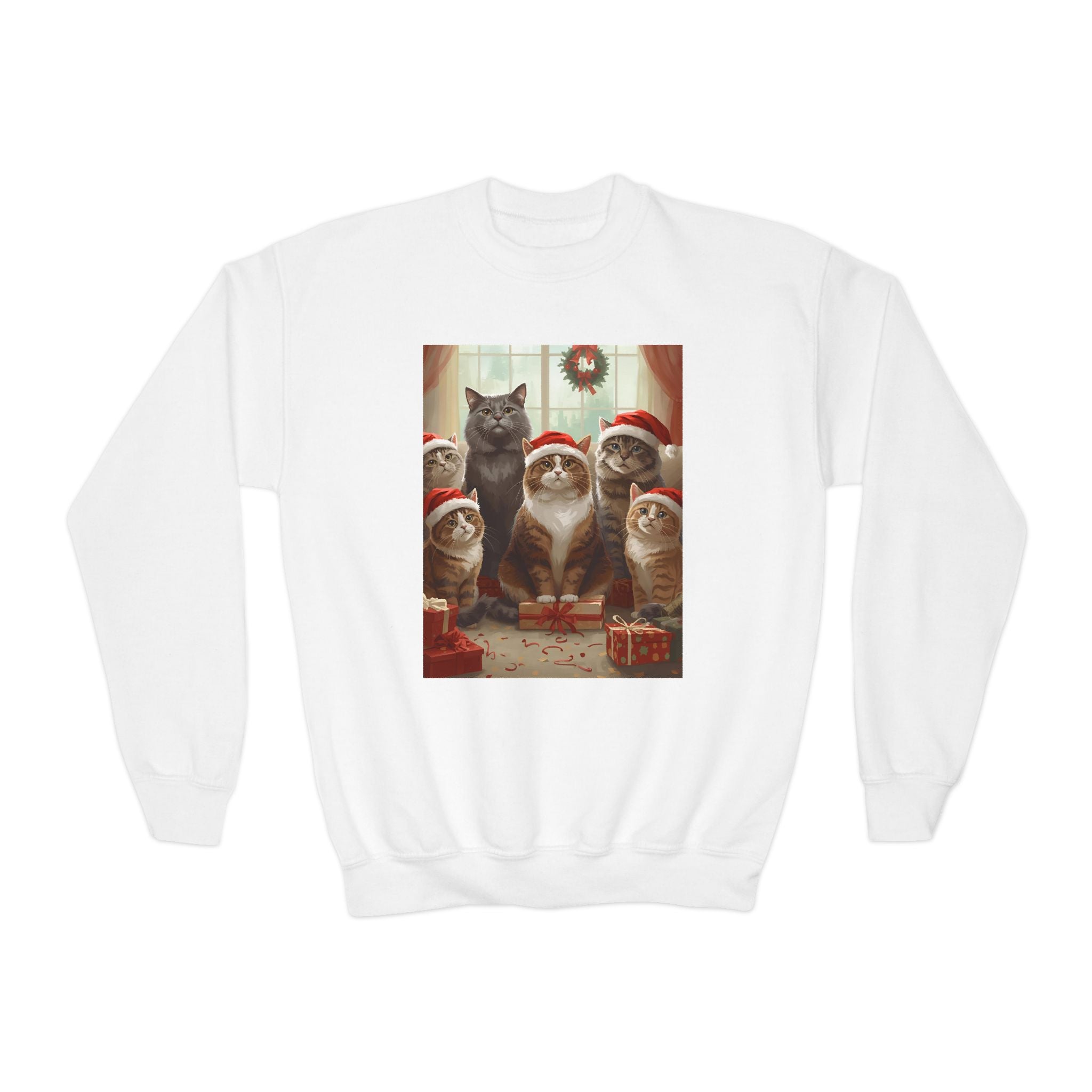 Cute Festive Christmas Cat Youth Crewneck Sweatshirt