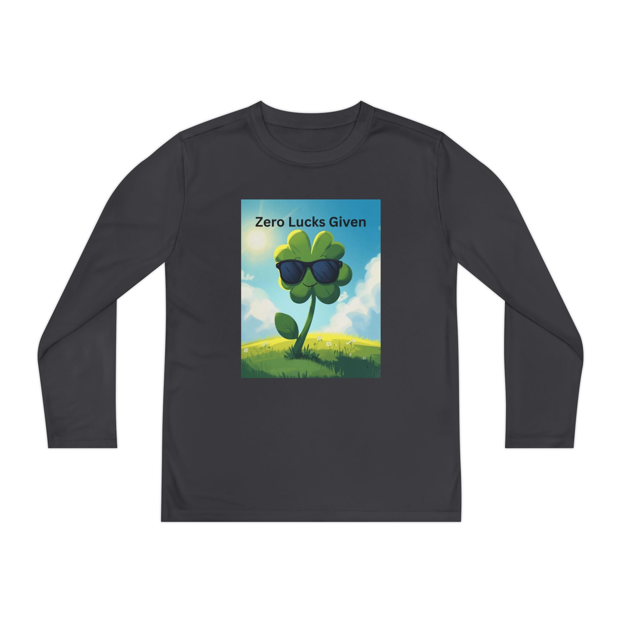 Zero Lucks Given Youth Long Sleeve Tee, Fun Graphic Shirt, Clover Print Top, Gift for Kids, Statement Tee, Birthday Gift