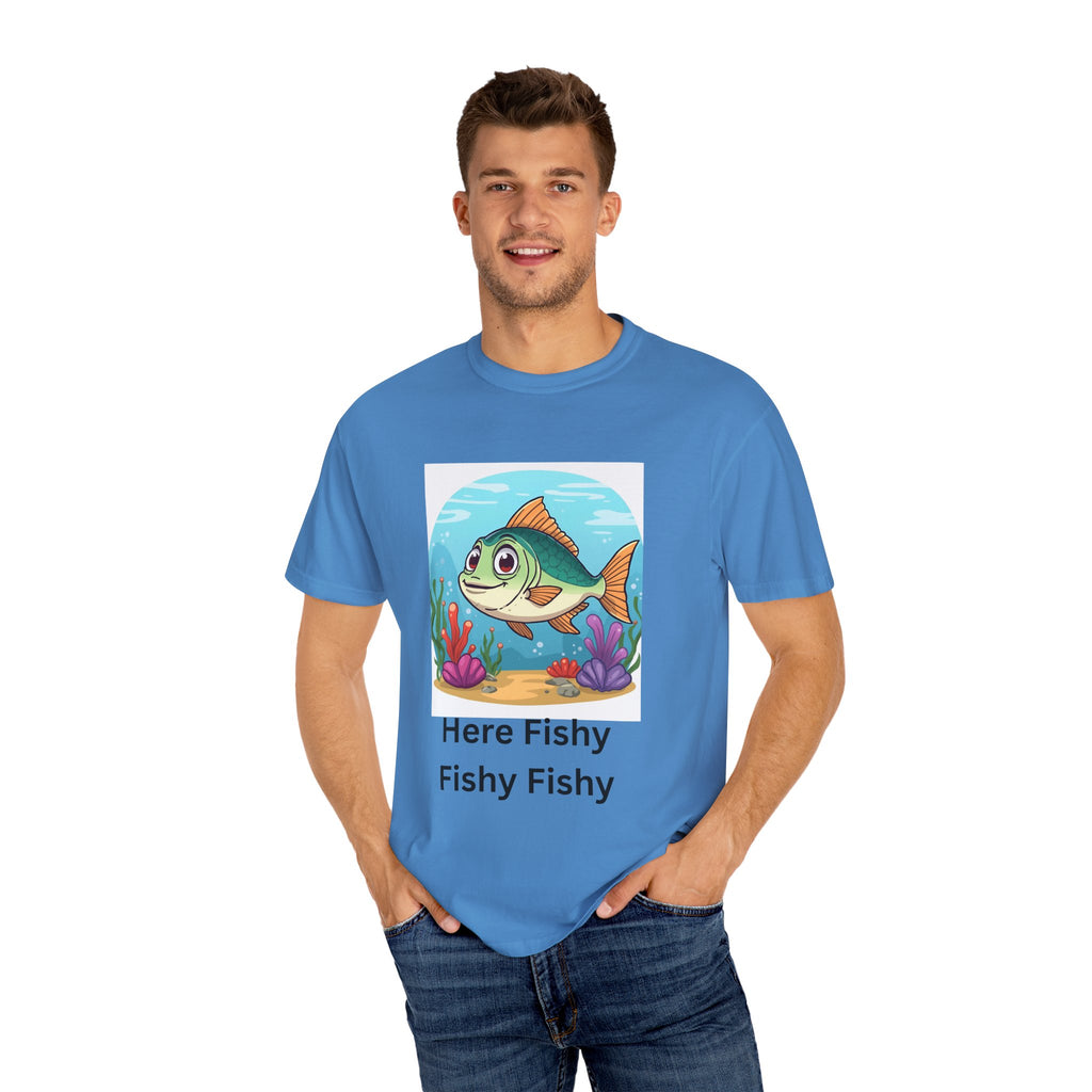 Playful Fish T-Shirt for Nature Lovers, Here Fishy Fishy Fishy Tee, Unisex Casual Wear, Perfect for Birthdays, Summer Fun, Beach Outings