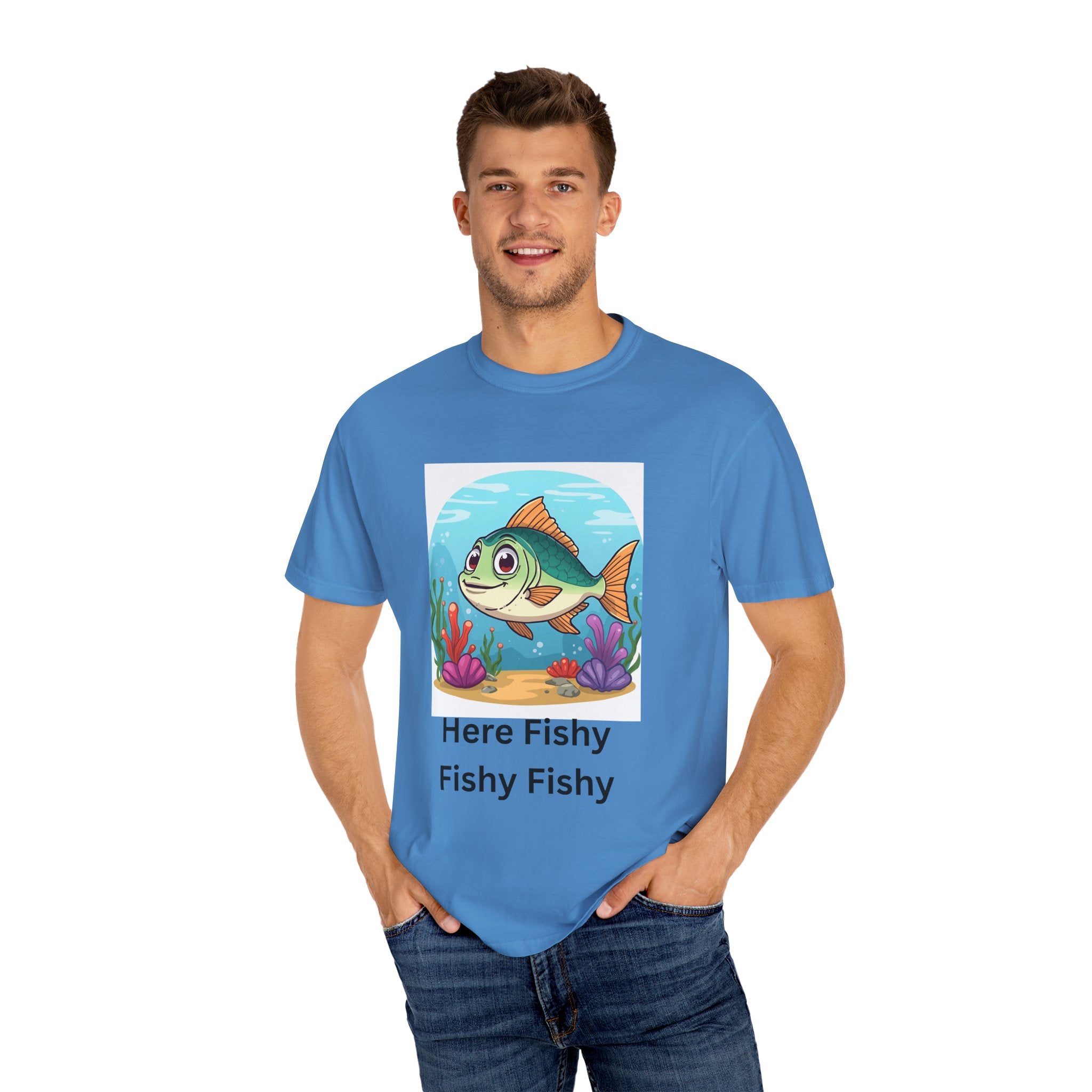Playful Fish T-Shirt for Nature Lovers, Here Fishy Fishy Fishy Tee, Unisex Casual Wear, Perfect for Birthdays, Summer Fun, Beach Outings