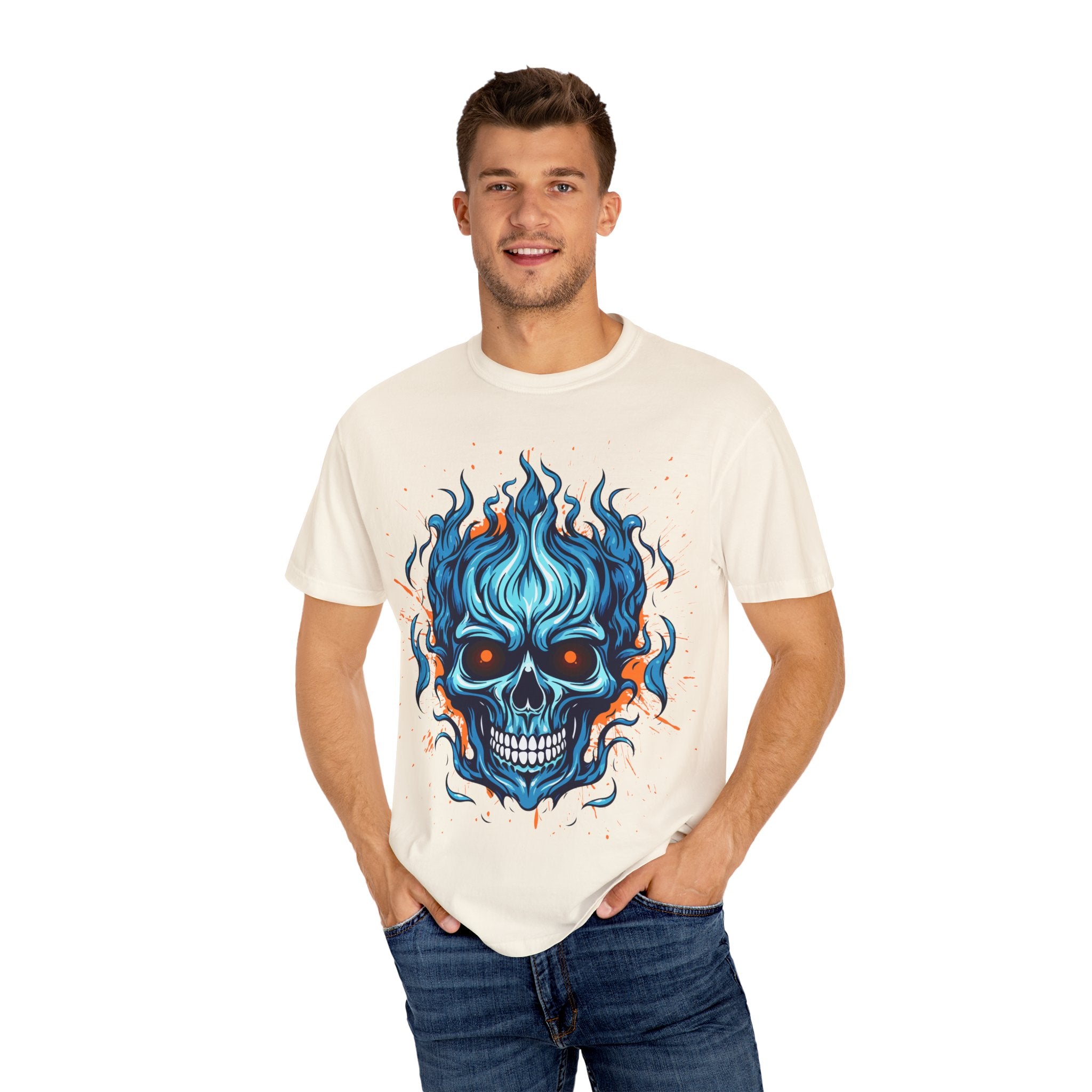Flame Skull Graphic T-Shirt | Unisex Apparel for Rock Lovers, Halloween Costume, Edgy Style, Concert Fashion, Gift for Him/Her