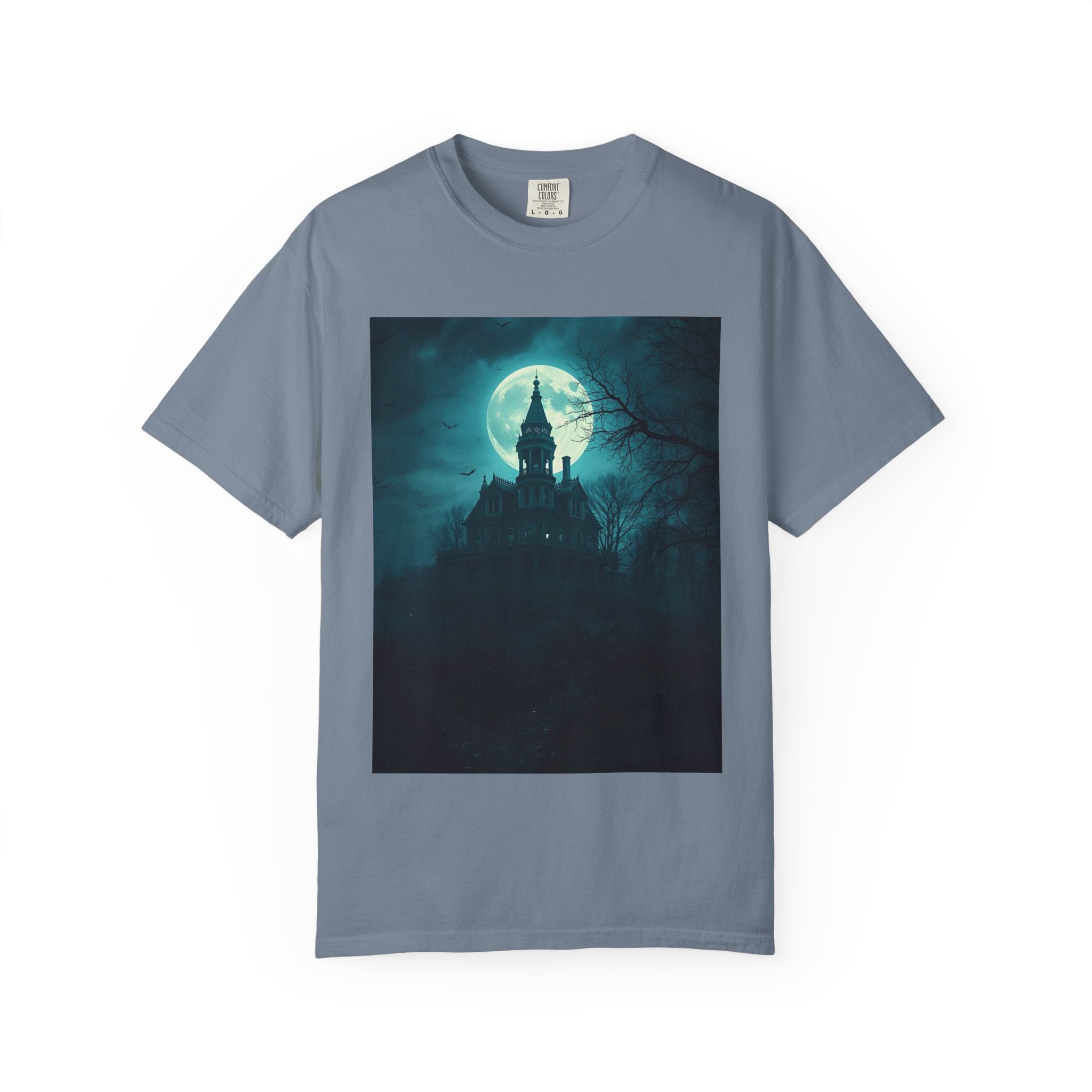Haunted Moonlight Spooky Castle Graphic Tee | Unisex Garment-Dyed T-shirt, Halloween Shirt, Graphic Tee, Casual Wear, Gift for Ghost Lovers
