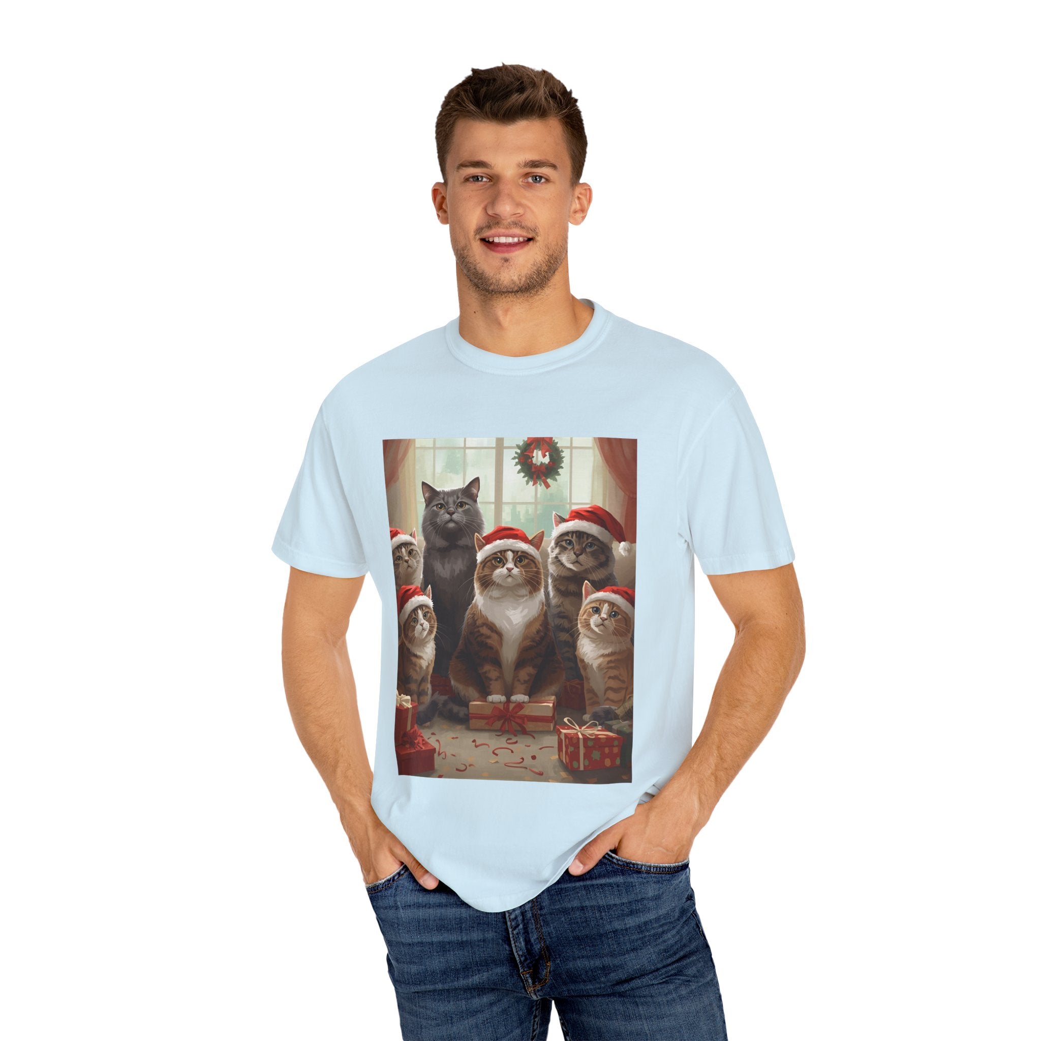 Cute Festive Funny Christmas Cat T-Shirt, Holiday Gift for Cat Lovers, Cute Tee for Winter, Unisex Garment-Dyed Shirt, Christmas Apparel, Festive Outfit