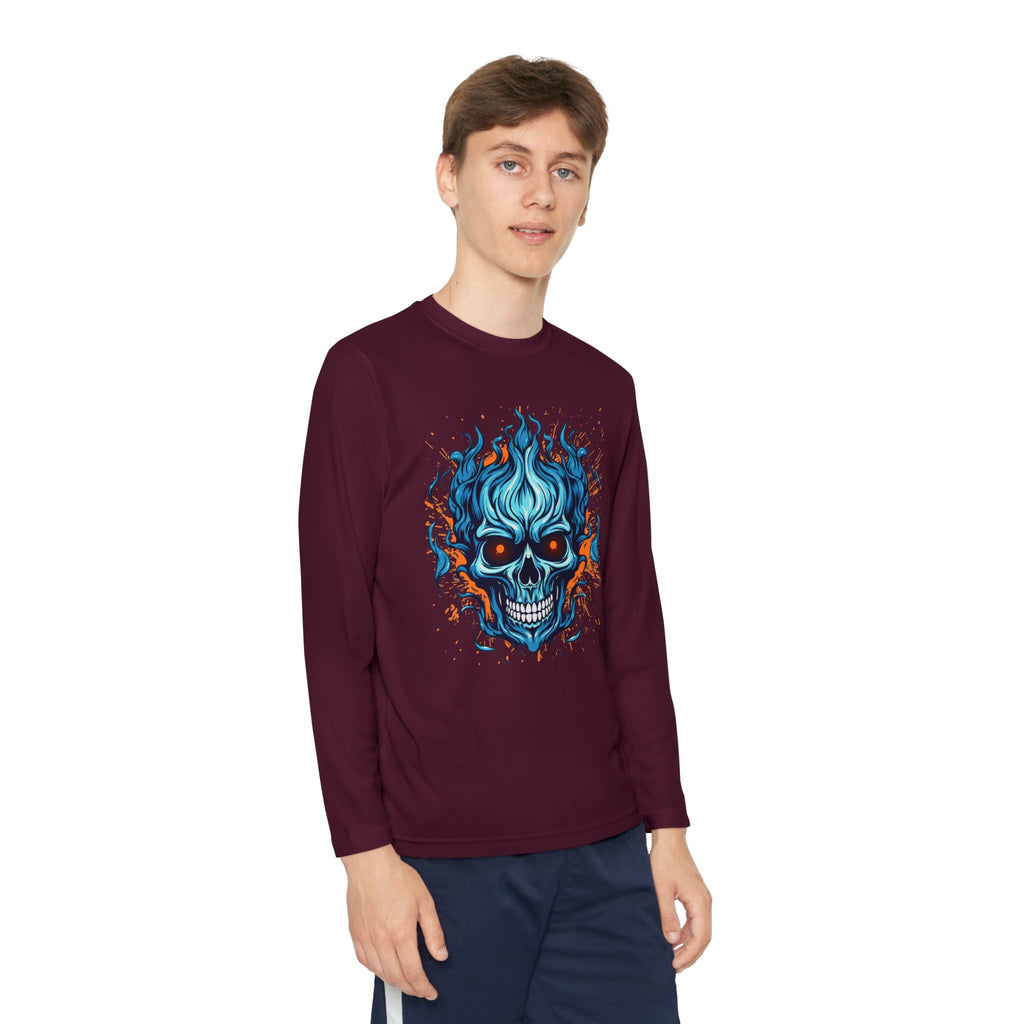 Skull Flame Youth Long Sleeve Skull Tee, Perfect for Halloween, Edgy Gift for Teens, Cozy Casual Wear, Skull Art Graphic Tee, Unique Birthday Present