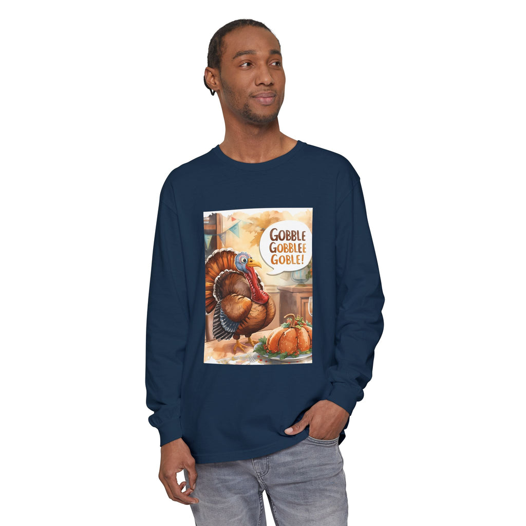 Thanksgiving Long Sleeve T-Shirt with Turkey Design, Fall Apparel, Holiday Gift, Family Gathering Shirt, Gobble Gobble Tee