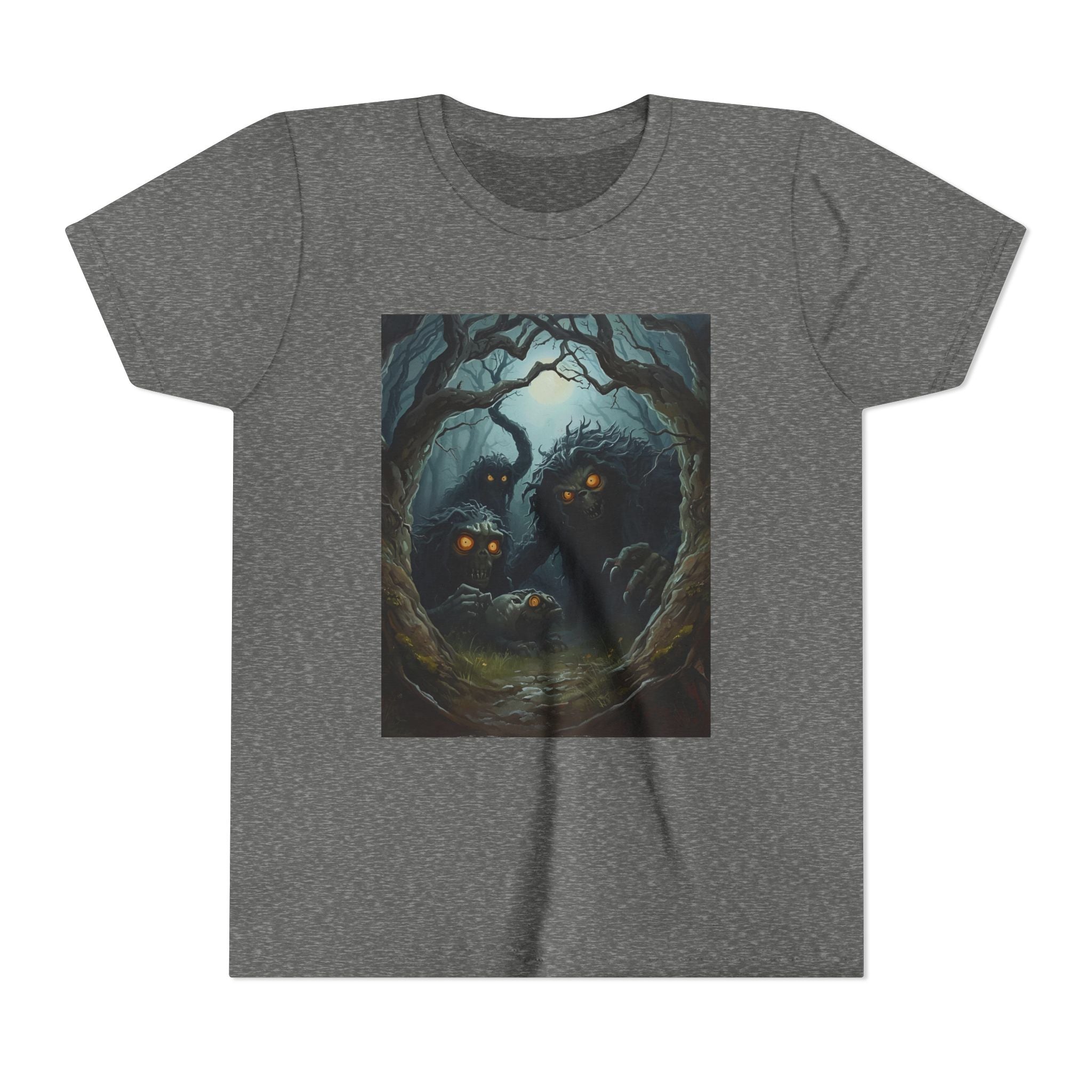 Spooky Mystical Forest Creatures Youth Tee, Cool Graphic T-Shirt, Kids Nature Shirt, Unique Gift for Boys & Girls, Perfect for Halloween