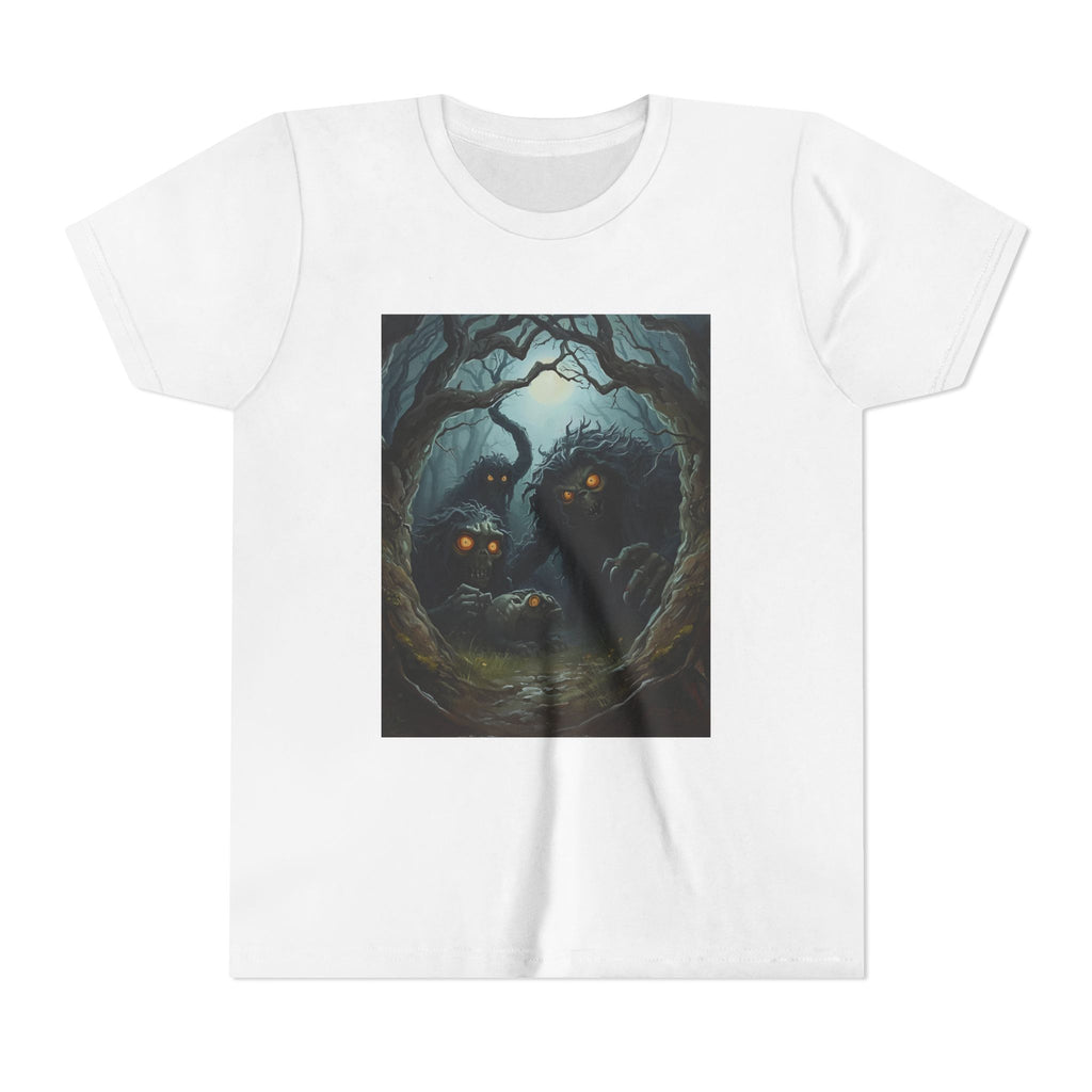 Spooky Mystical Forest Creatures Youth Tee, Cool Graphic T-Shirt, Kids Nature Shirt, Unique Gift for Boys & Girls, Perfect for Halloween
