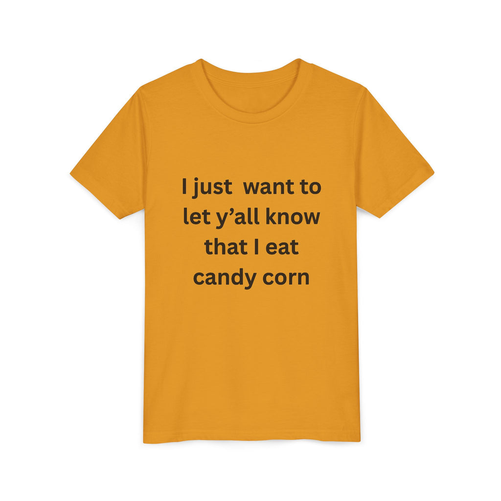 I Eat Candy Corn Youth Candy Corn Tee, Fun Halloween Shirt, Cute Short Sleeve Tee, Youth Graphic Top, Fall Celebration Apparel, Trick or Treat Shirt