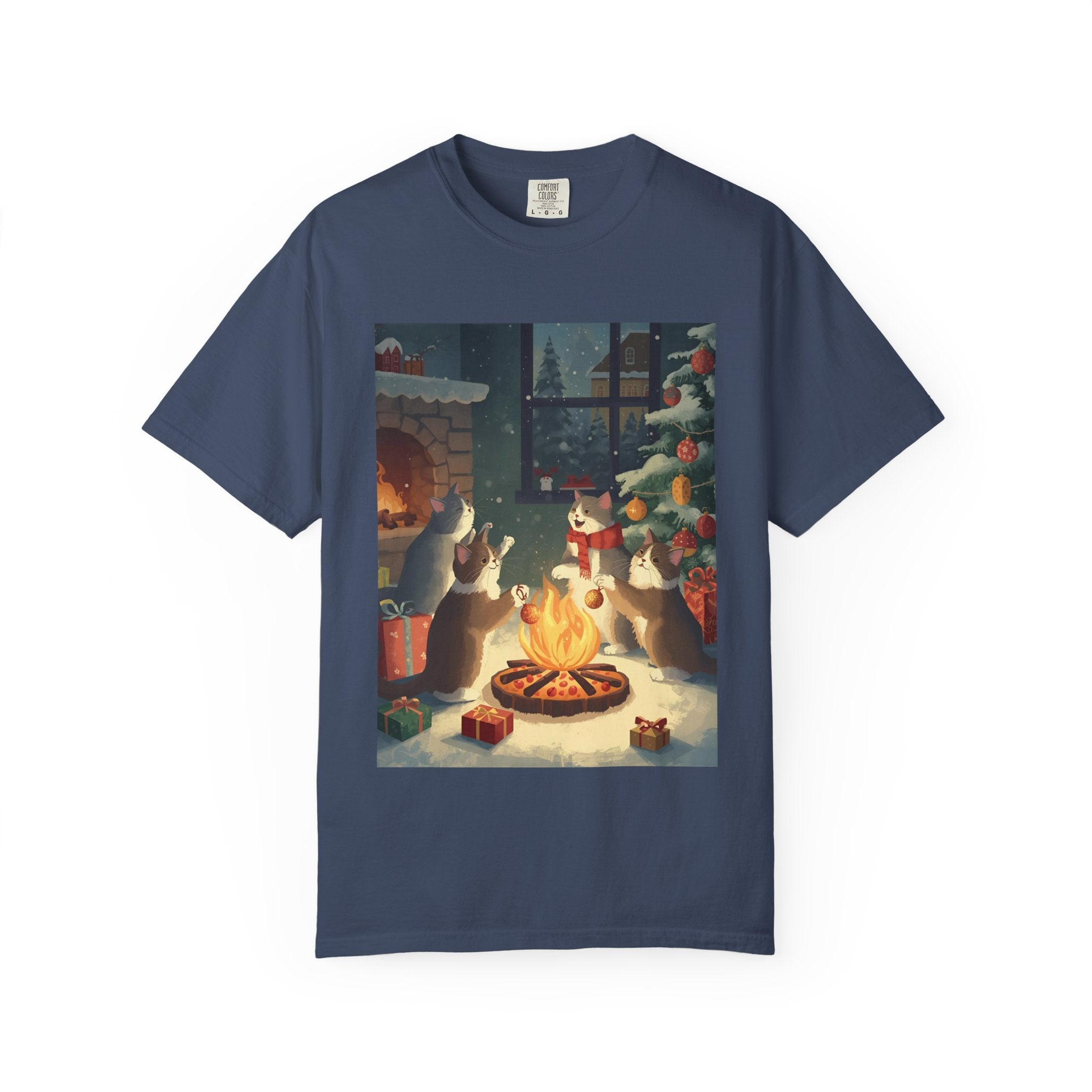 Cozy Cat Campfire T-shirt, Unisex Garment-Dyed Tee, Holiday Gift, Cat Lover Gift, Cute Winter T-shirt, Cozy Nightwear, Christmas Shirt