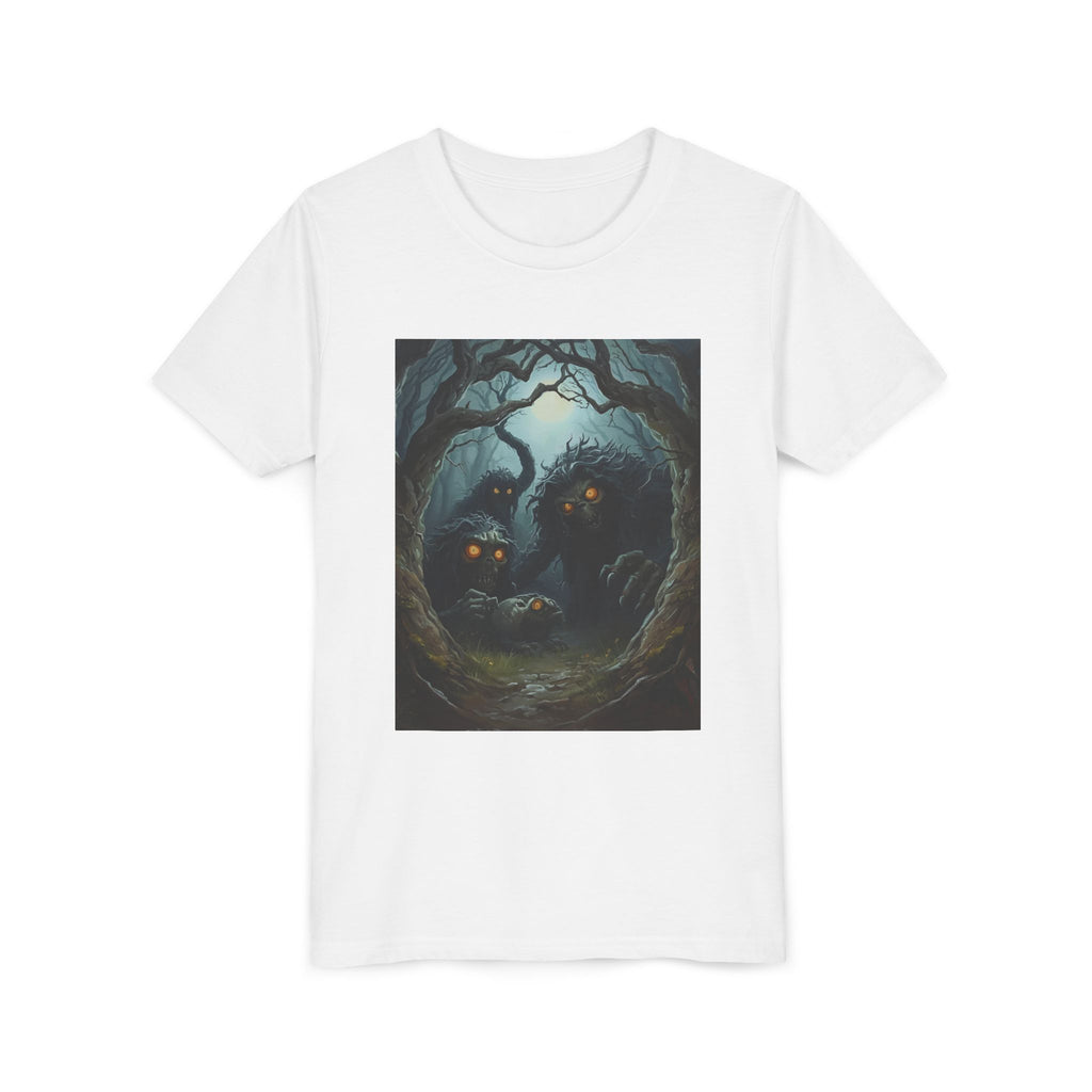 Spooky Mystical Forest Creatures Youth Tee, Cool Graphic T-Shirt, Kids Nature Shirt, Unique Gift for Boys & Girls, Perfect for Halloween
