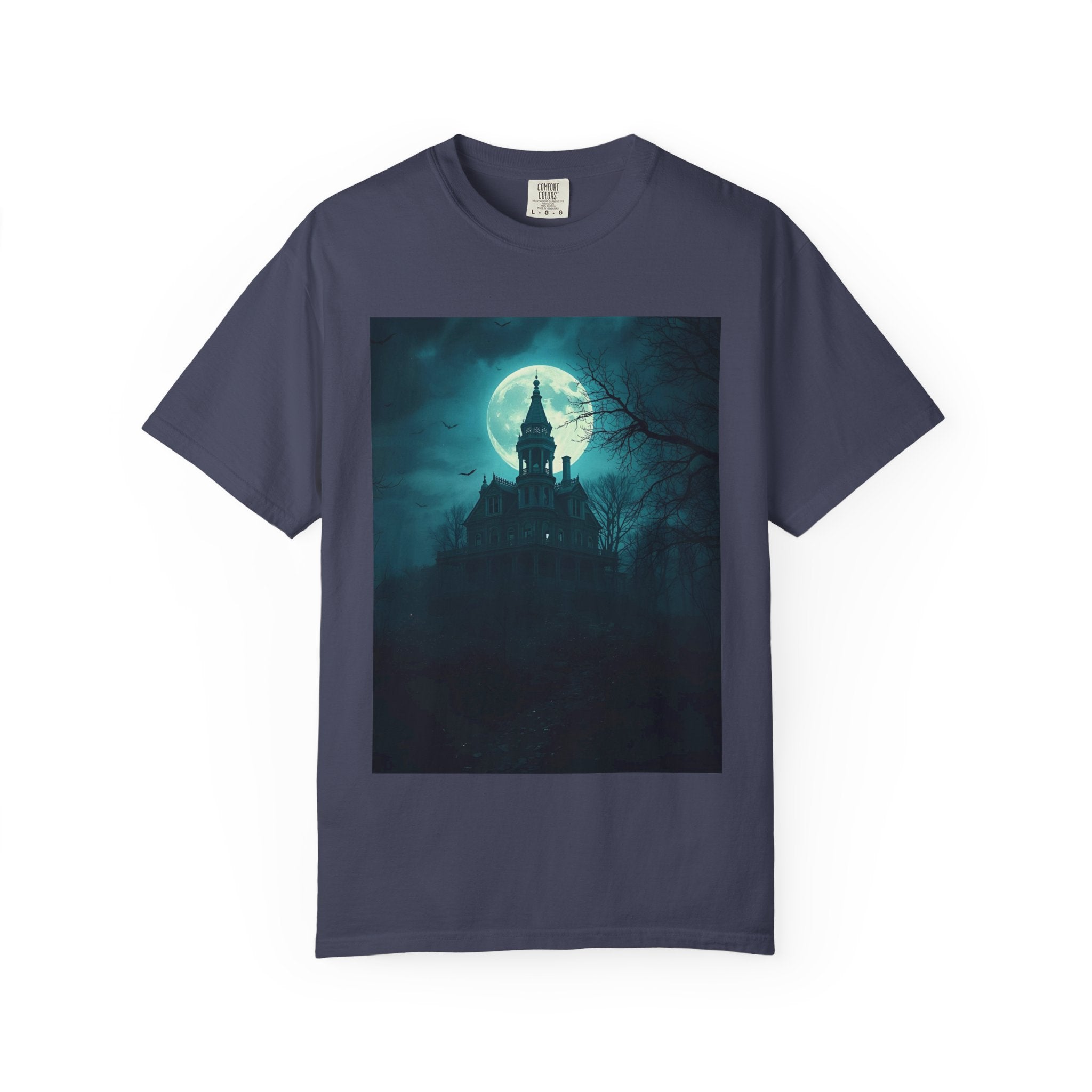 Haunted Moonlight Spooky Castle Graphic Tee | Unisex Garment-Dyed T-shirt, Halloween Shirt, Graphic Tee, Casual Wear, Gift for Ghost Lovers