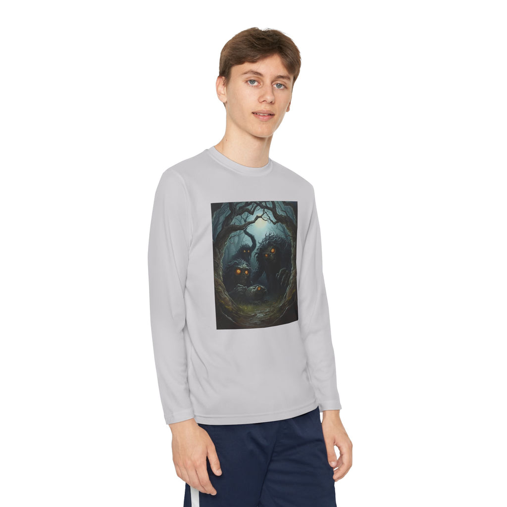 Spooky Forest Creatures Youth Long Sleeve Tee with Enchanted Forest Design, Comfortable Unisex T-Shirt for All Seasons, Perfect for Halloween and Nature Lovers