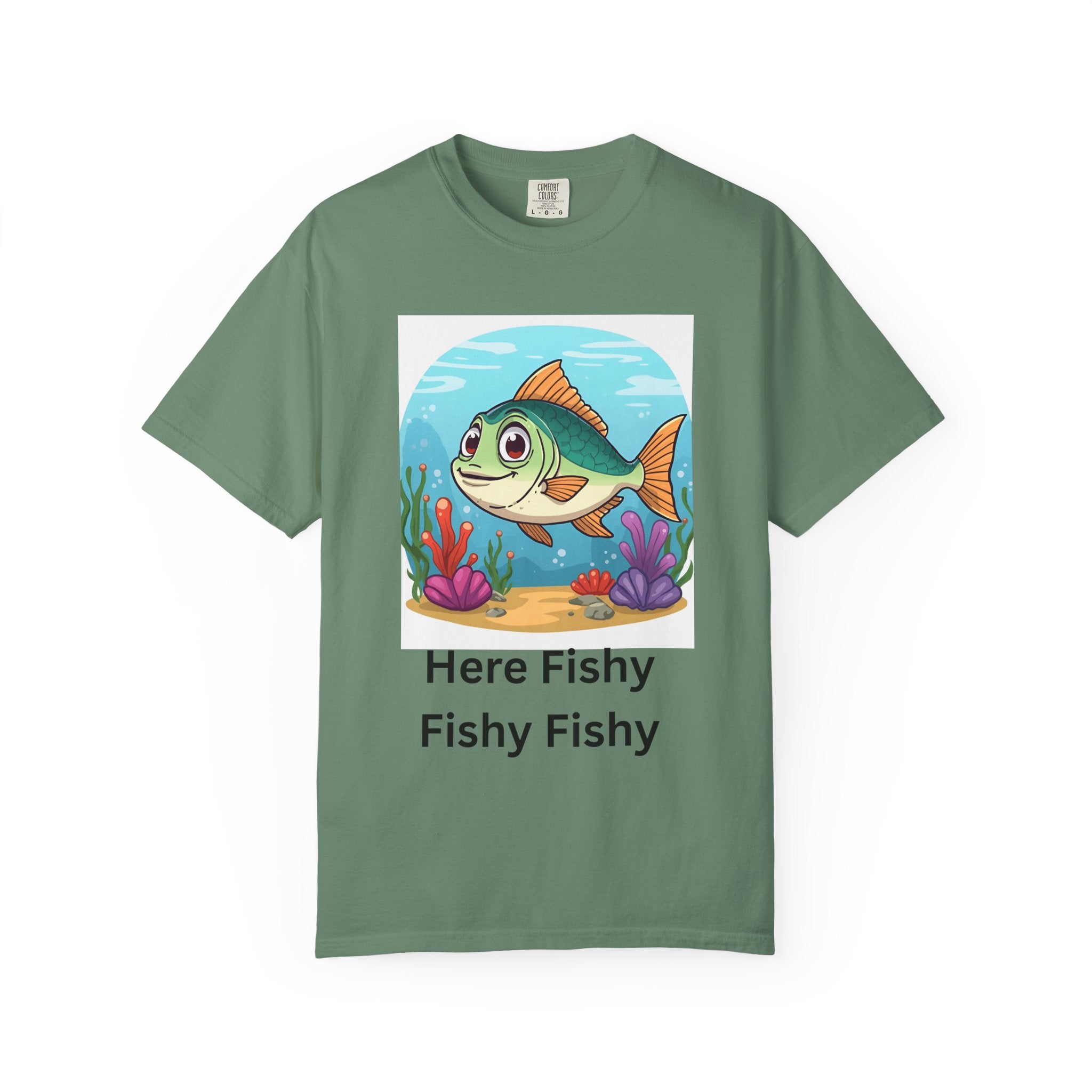 Here Fishy Fishy Fishy Colorful Fish-Themed Unisex T-Shirt, Fun Graphic Tee for Kids and Adults, Perfect for Summer, Fishing Trips, and Gift Giving
