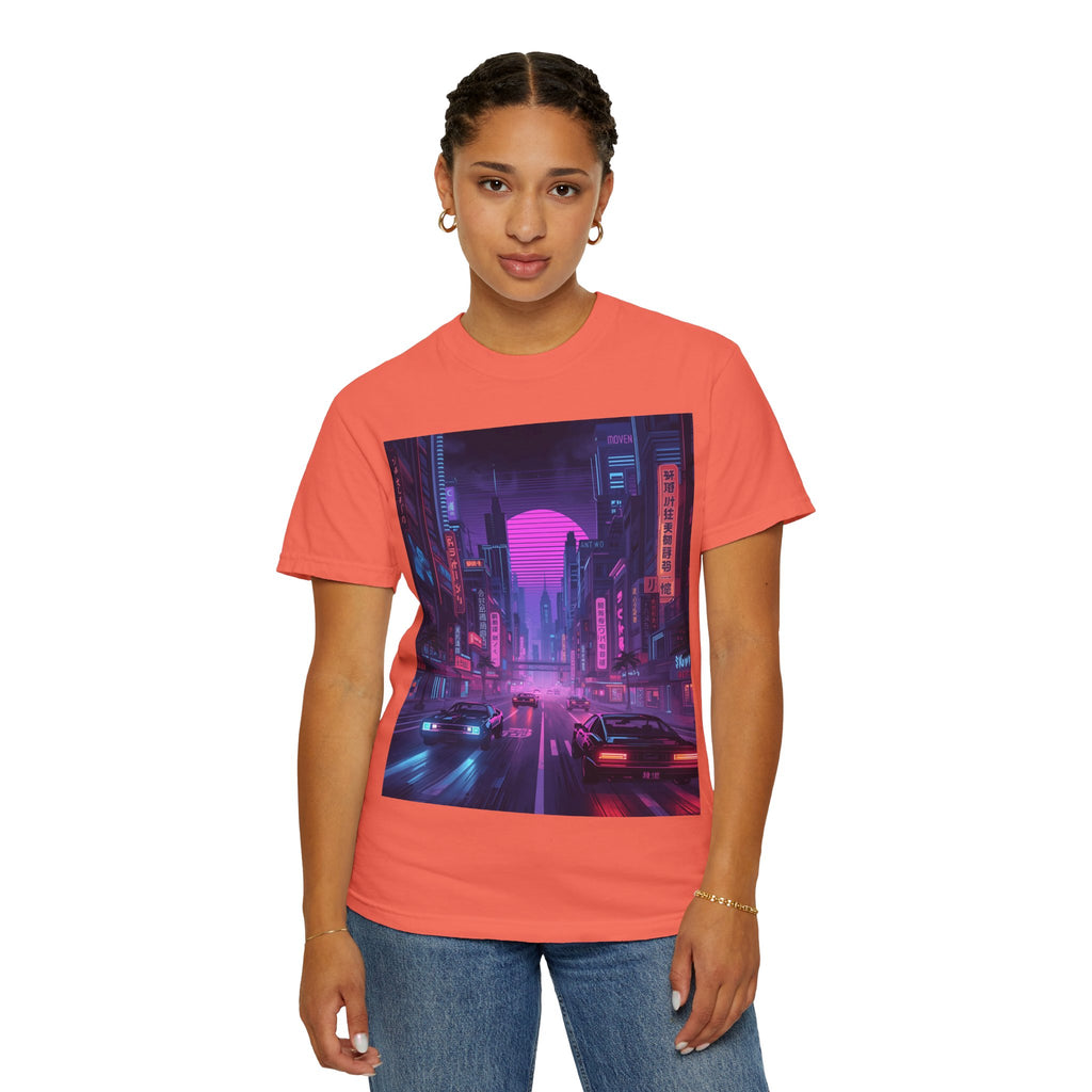 Futuristic Neon Cityscape T-Shirt, Retro Graphic Tee, Unisex Streetwear, Urban Vibe Shirt, Gift for Gamers, Summer Outfit