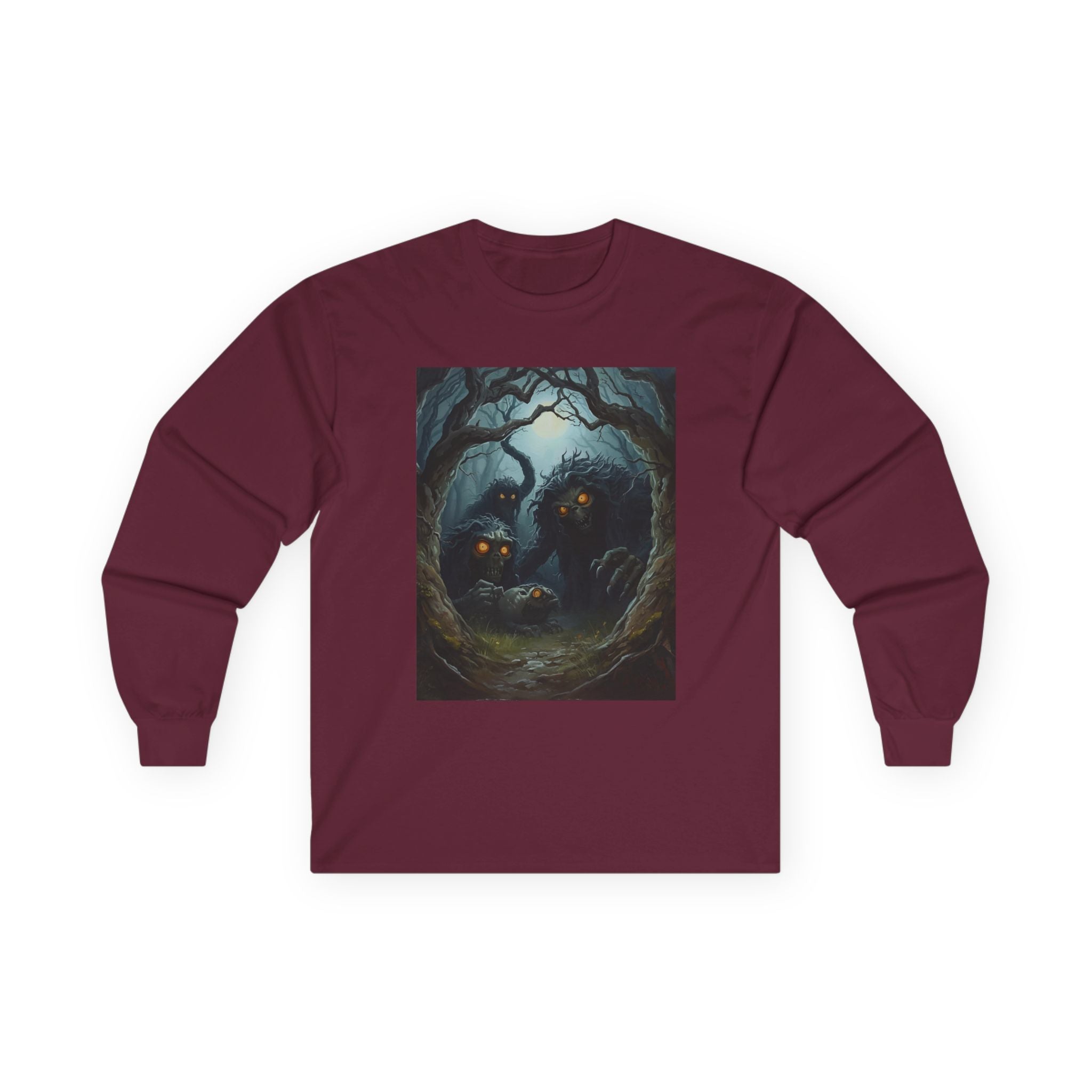 Spooky Mystical Forest Long Sleeve Tee - Cozy Unisex Shirt, Fall Fashion, Nature Lover Gift, Halloween Apparel, Unique Art Tee