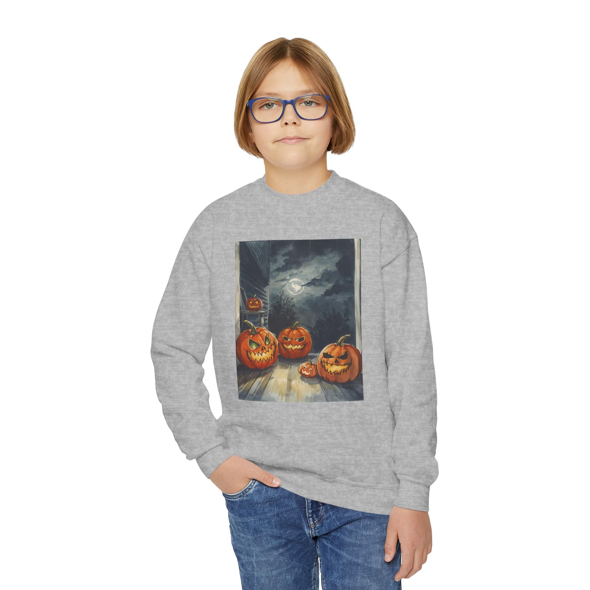 Halloween Pumpkin  Youth Crewneck Sweatshirt, Cozy Fall Sweatshirt, Kids Halloween Apparel, Pumpkin Sweatshirt, Spooky Season Top