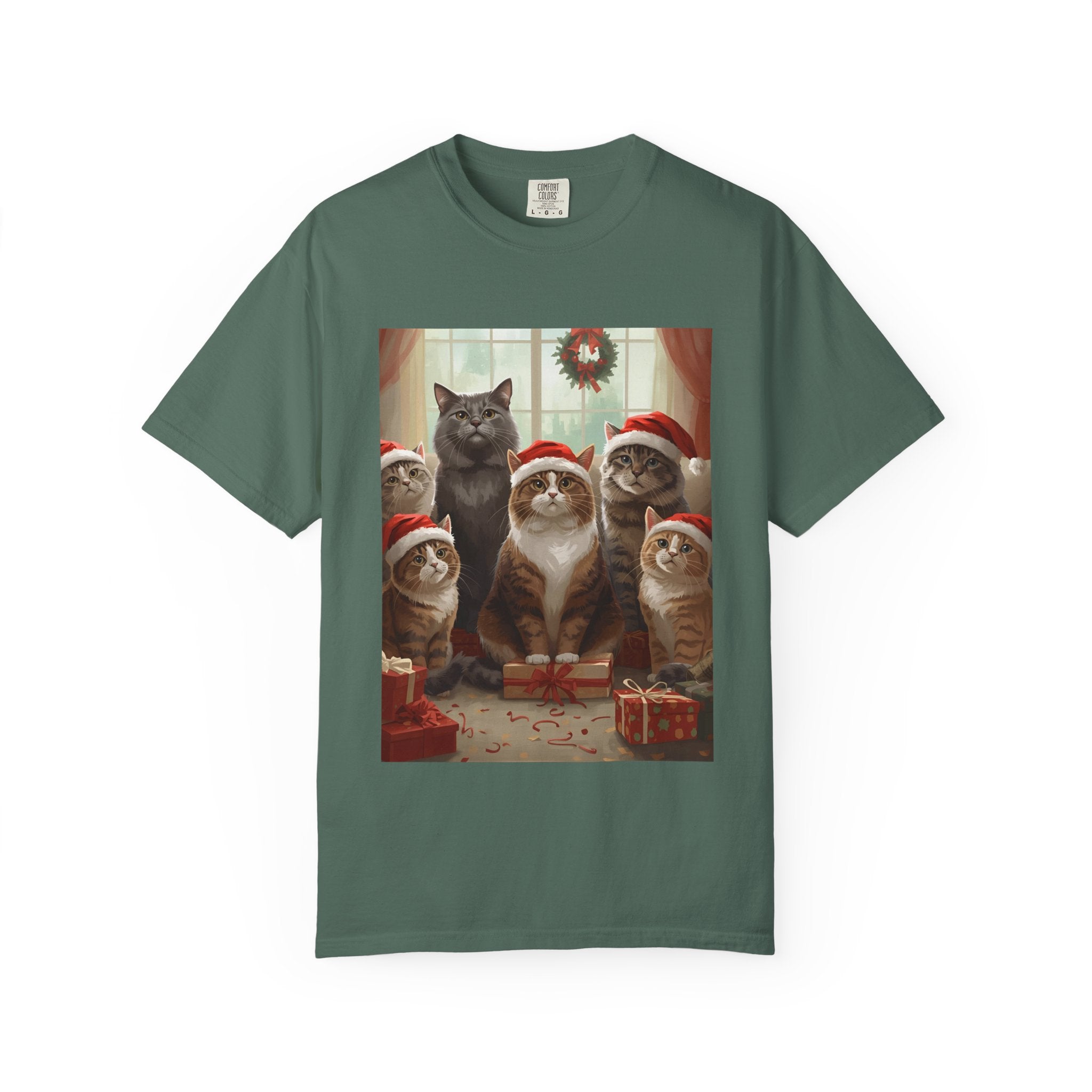 Cute Festive Funny Christmas Cat T-Shirt, Holiday Gift for Cat Lovers, Cute Tee for Winter, Unisex Garment-Dyed Shirt, Christmas Apparel, Festive Outfit
