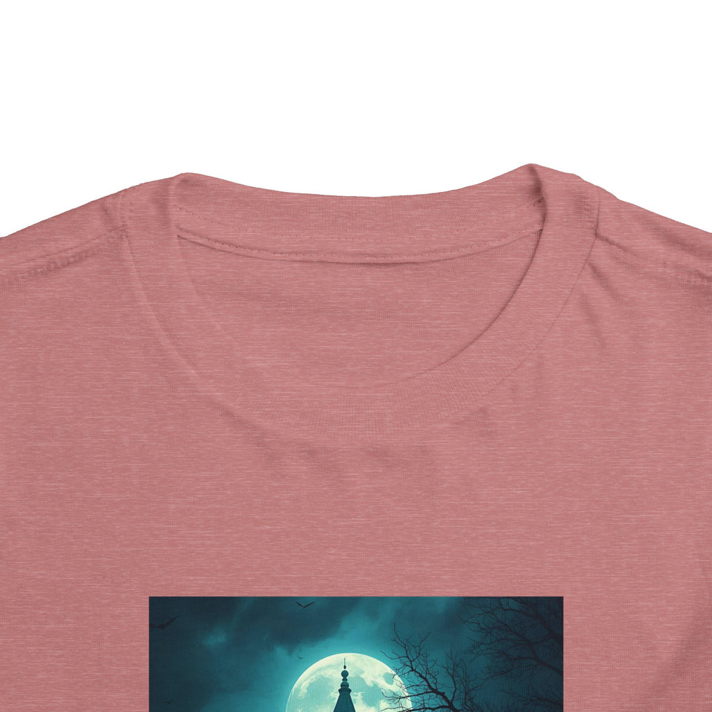 Haunted Moonlight Toddler Halloween Short Sleeve Tee, Ghostly Castle Shirt, Spooky Toddler Tee, Kids Halloween Costume Top, Fall Festivity Apparel