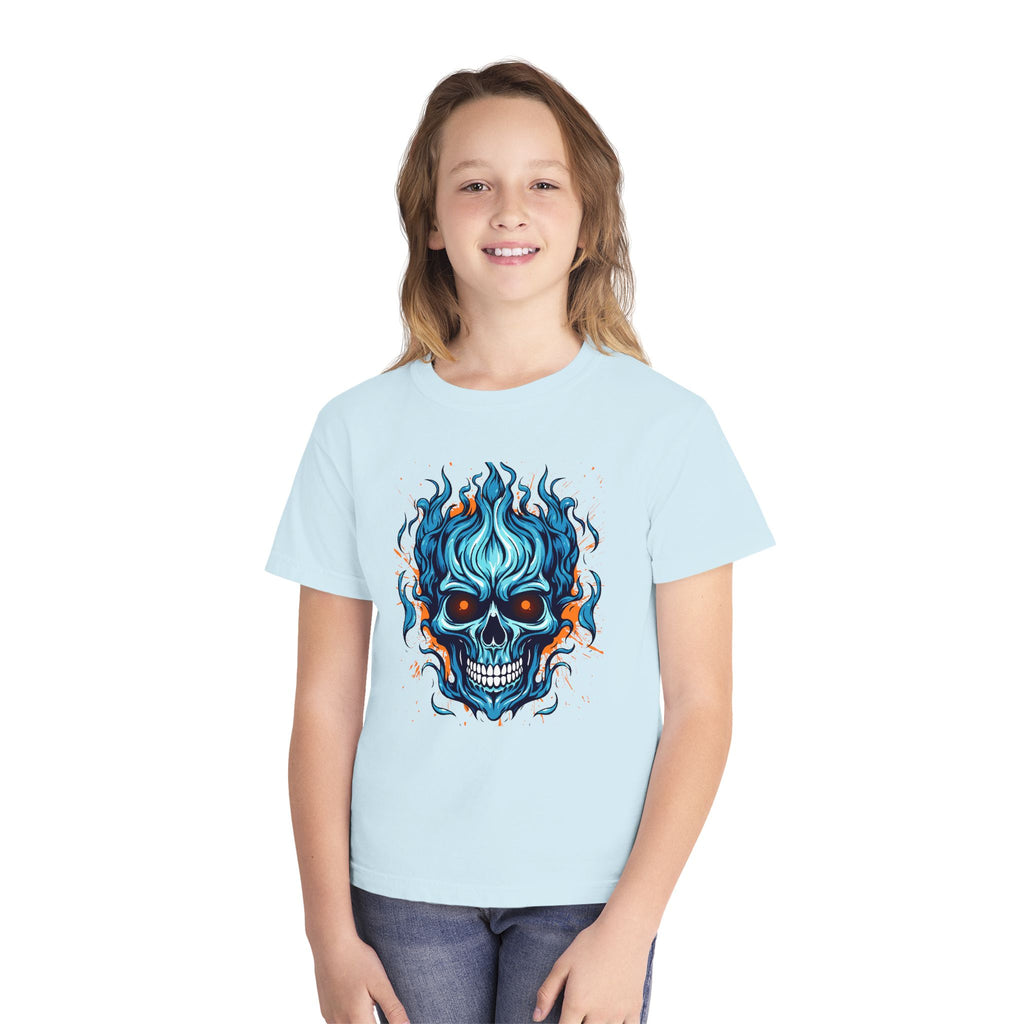 Skull Flame Youth Graphic Skull Tee, Cool Teen Fashion, Edgy Summer Wear, Halloween Costume, Unique Gift for Kids, Casual Everyday Style